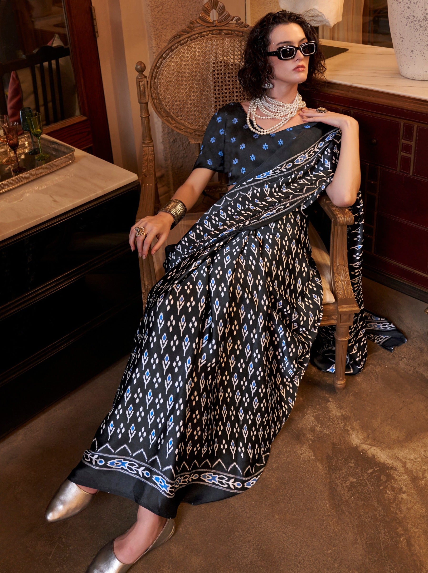 Charcoal Black Satin Crepe Patola Party Saree - TrendOye