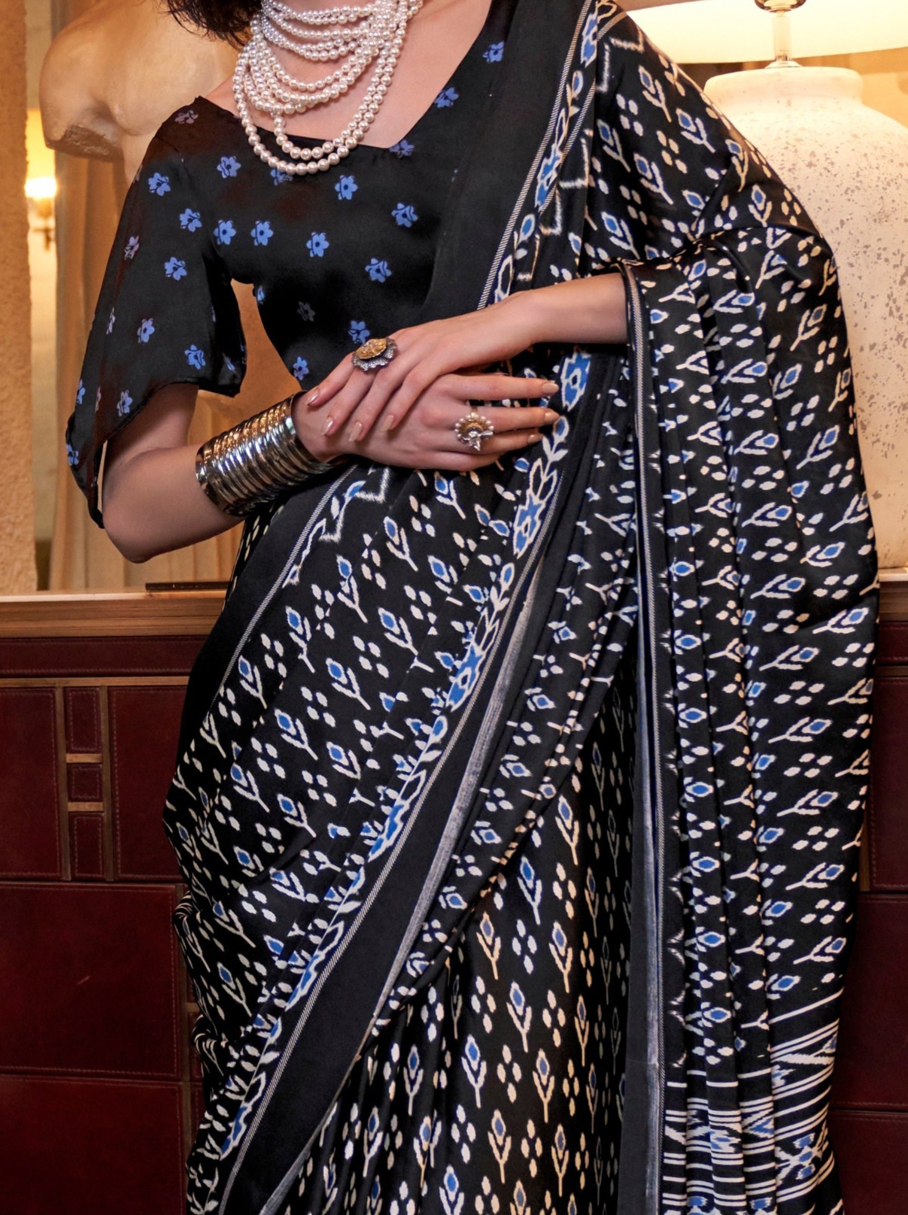 Charcoal Black Satin Crepe Patola Party Saree - TrendOye