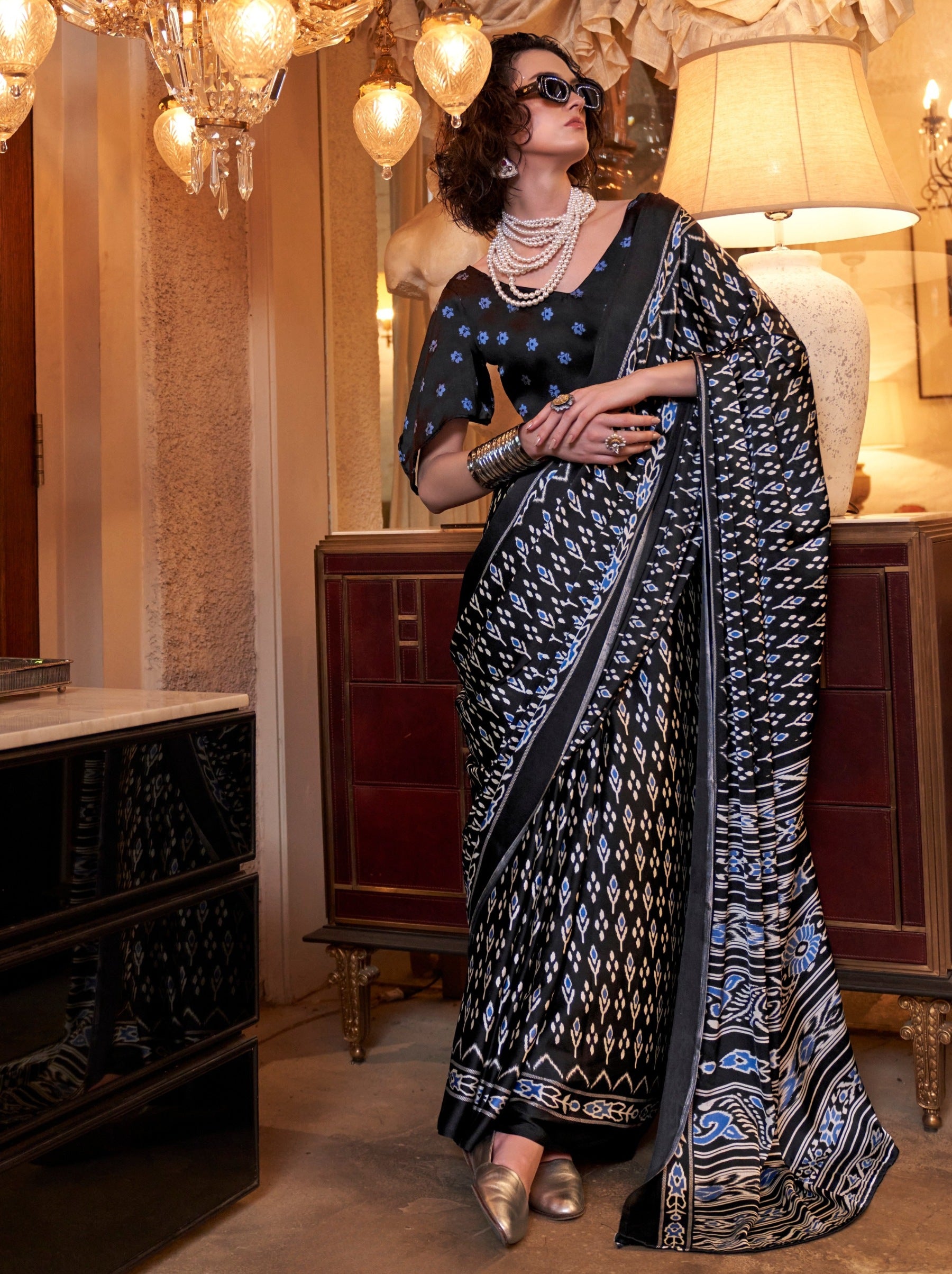 Charcoal Black Satin Crepe Patola Party Saree - TrendOye