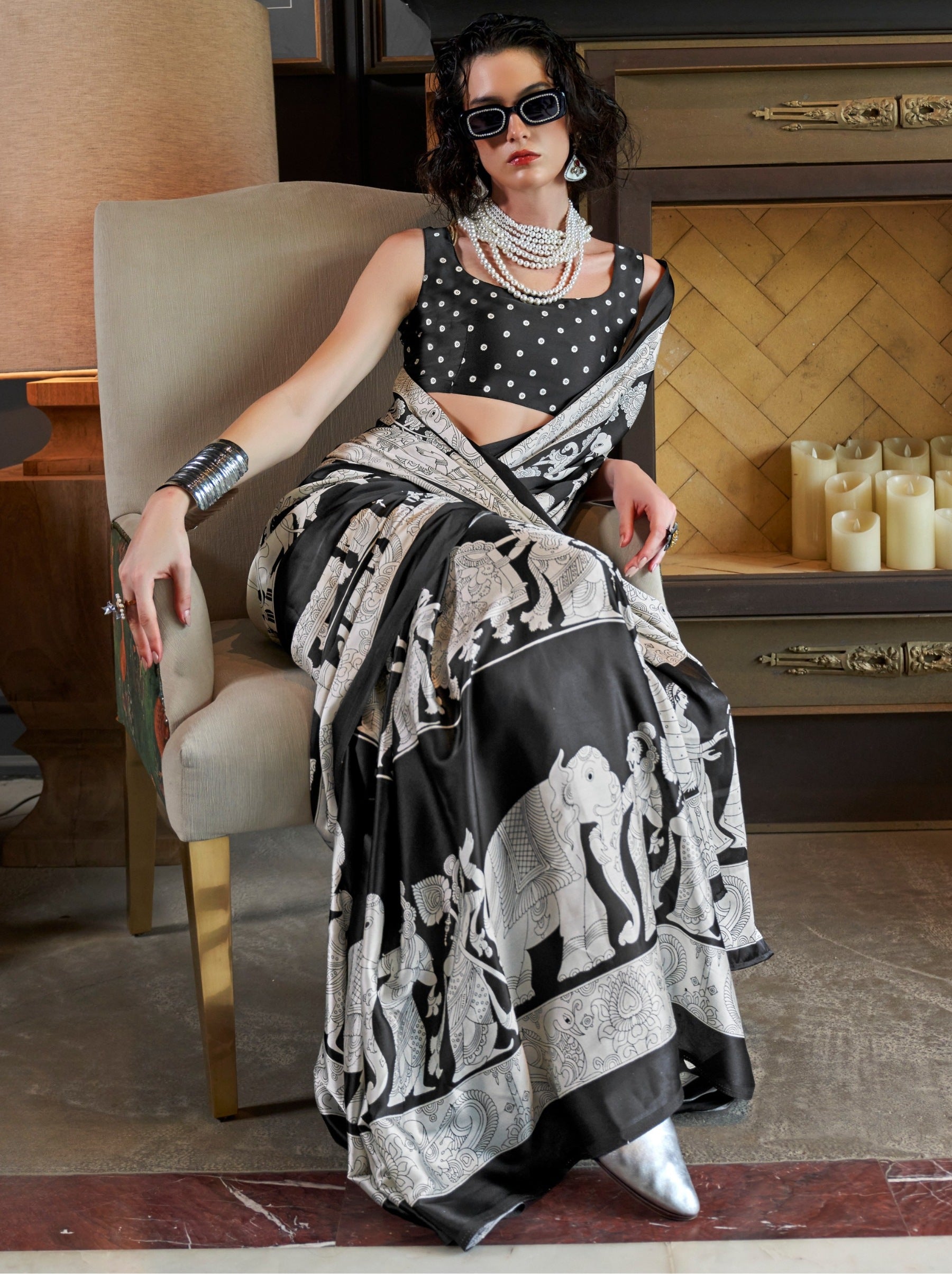 Black & White Satin Crepe Patola Party Saree - TrendOye