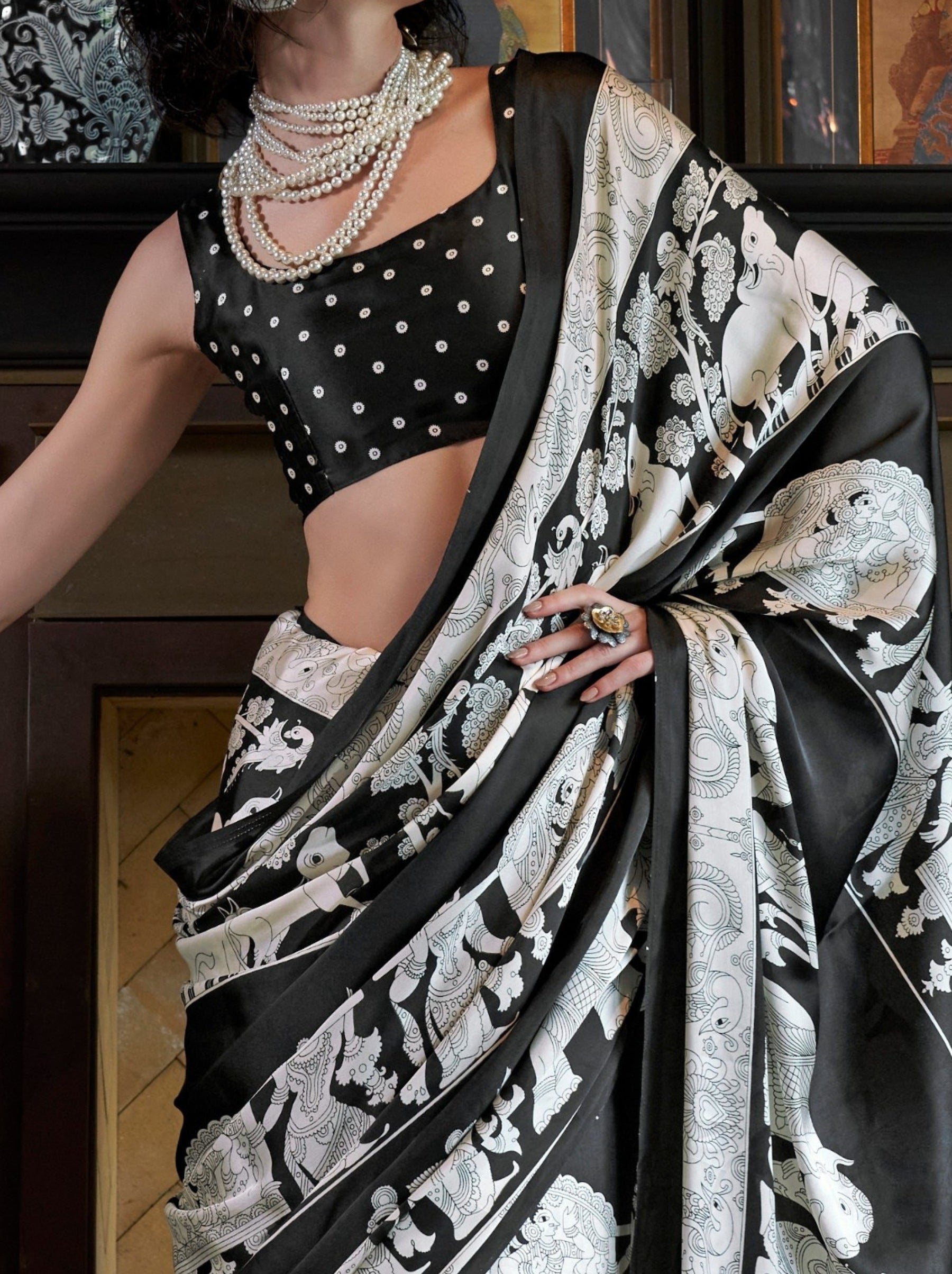 Black & White Satin Crepe Patola Party Saree - TrendOye