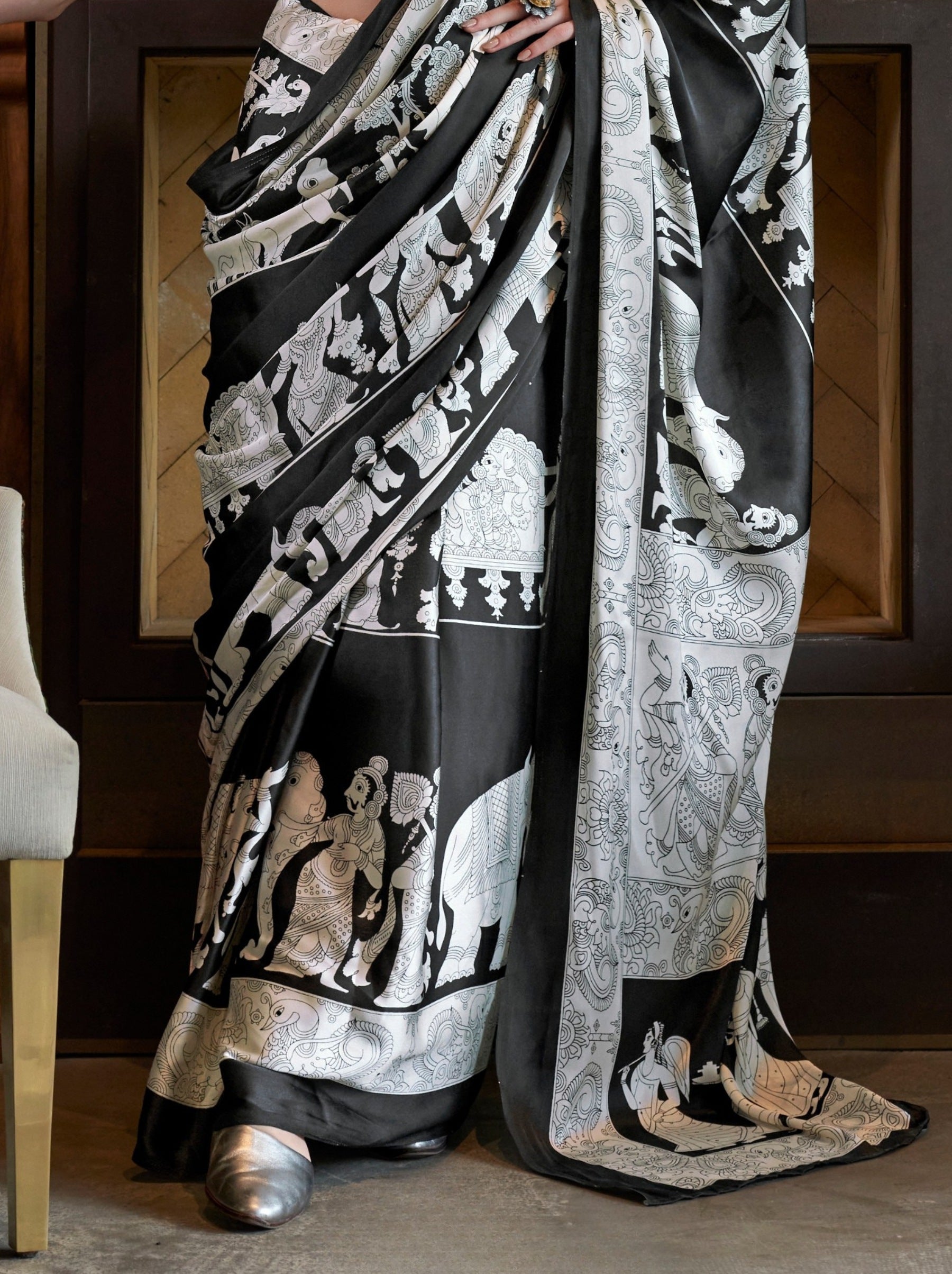 Black & White Satin Crepe Patola Party Saree - TrendOye