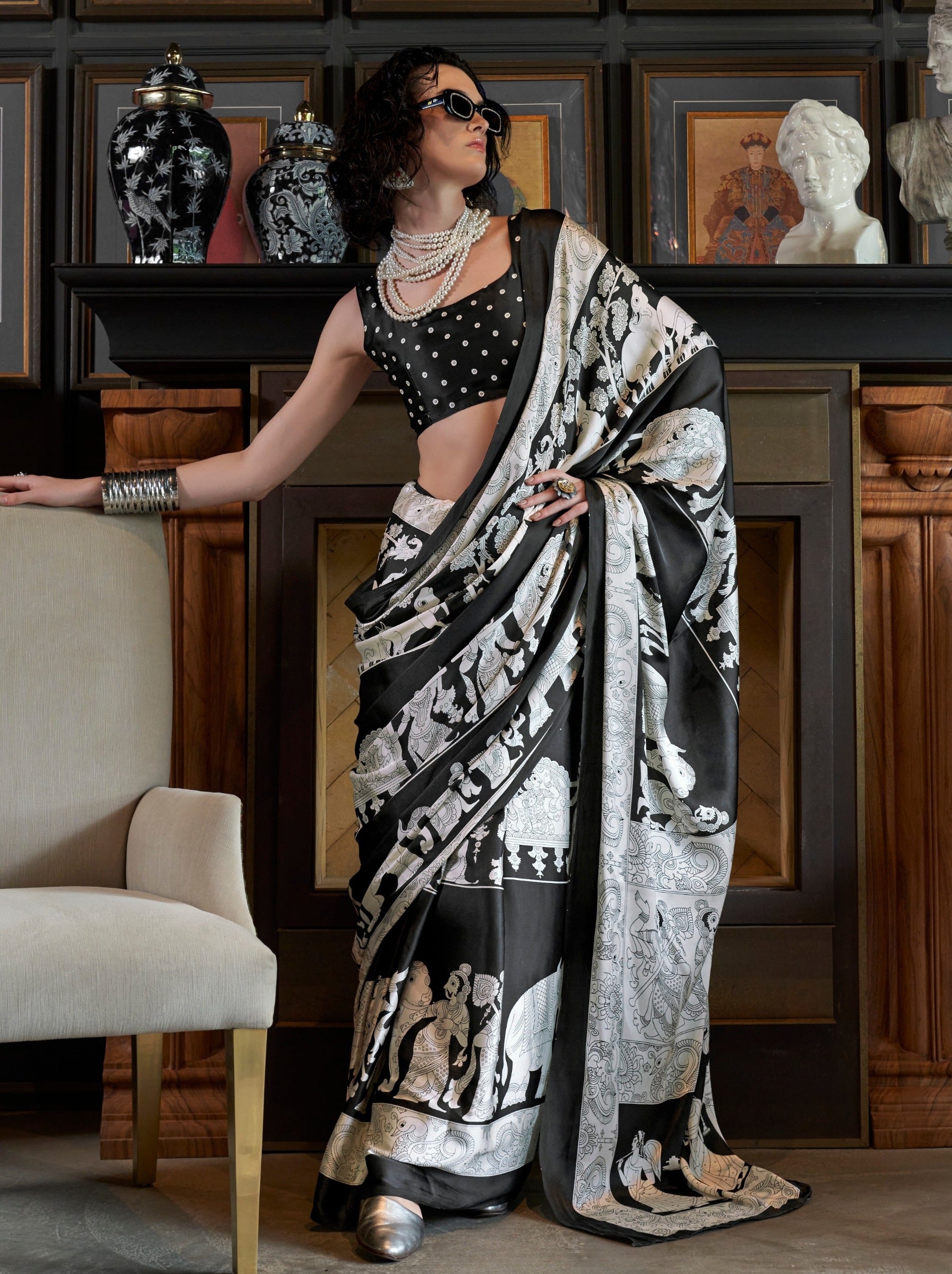 Black & White Satin Crepe Patola Party Saree - TrendOye