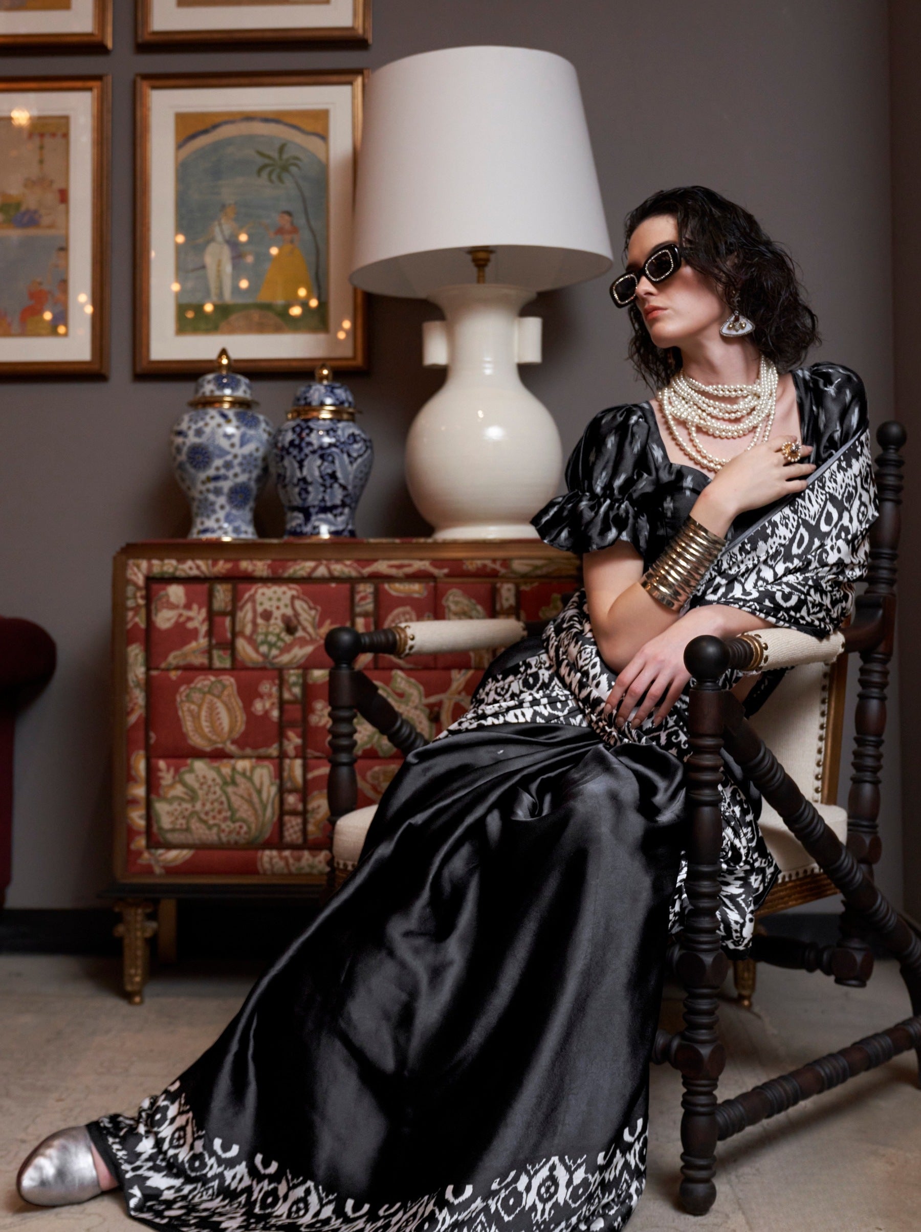 Jet Black Satin Crepe Patola Party Saree - TrendOye