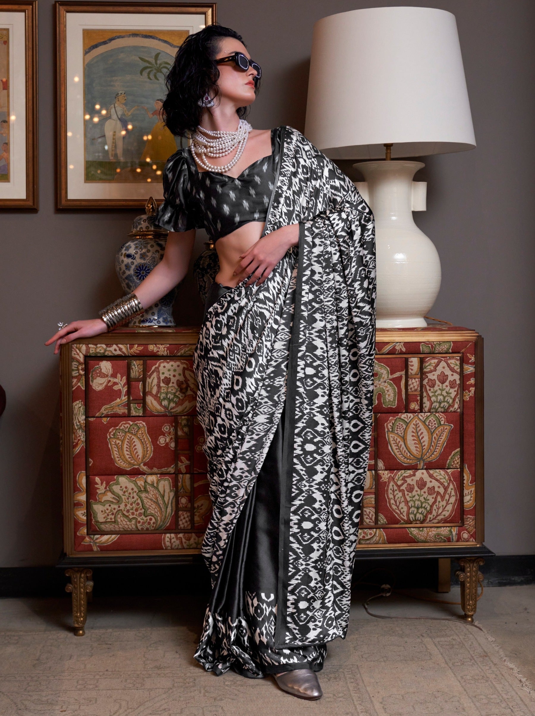 Jet Black Satin Crepe Patola Party Saree - TrendOye