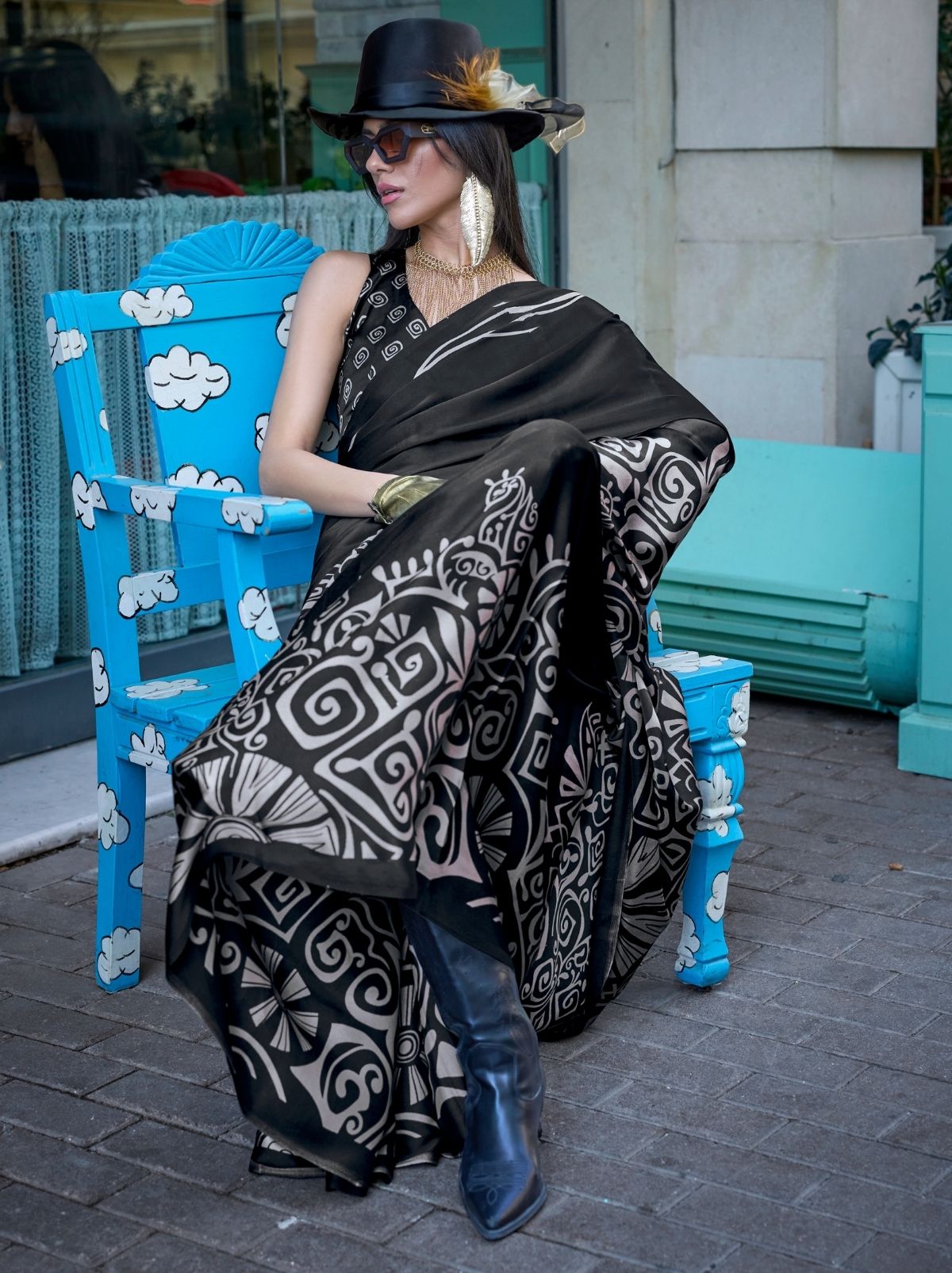 Black White Premium Satin Designer Saree - TrendOye