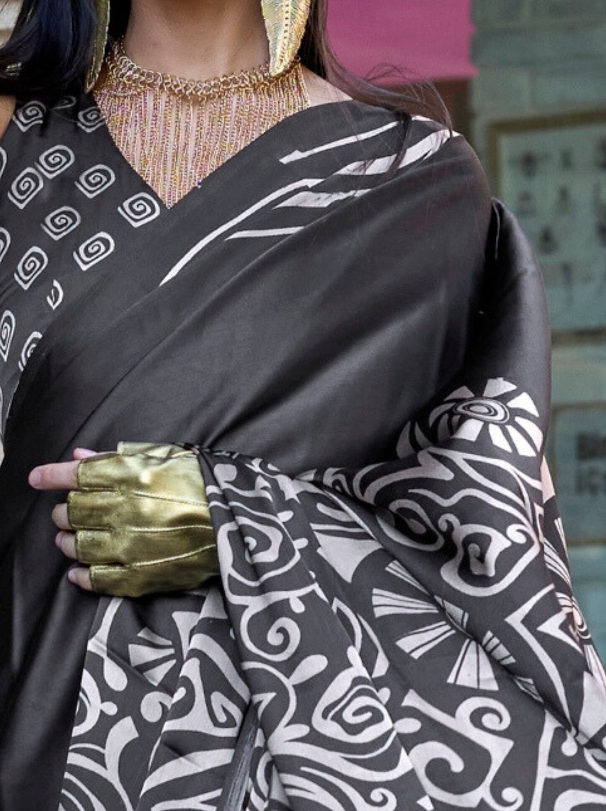 Black White Premium Satin Designer Saree - TrendOye