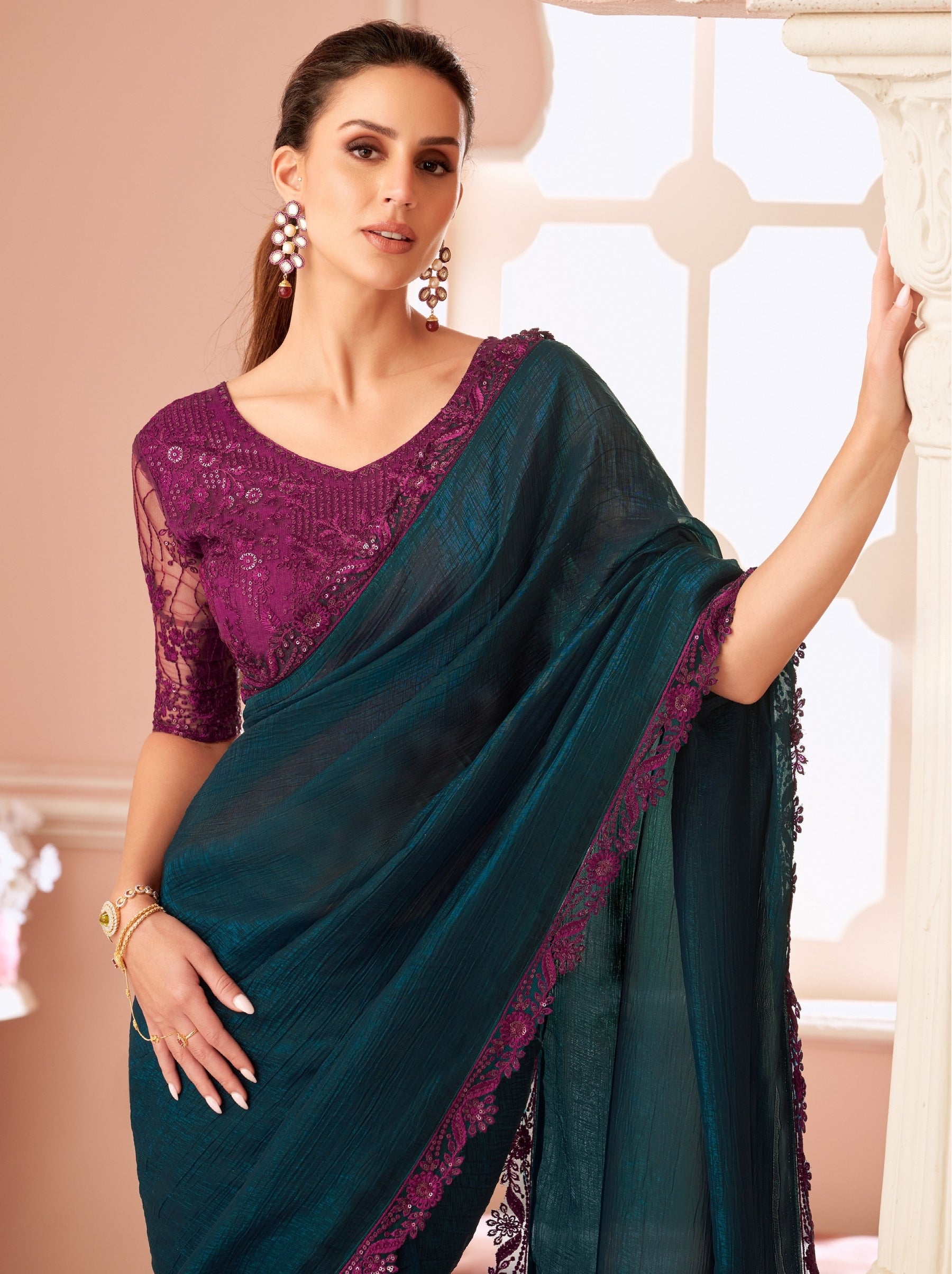 Prussian Blue Premium Designer Party Saree - TrendOye