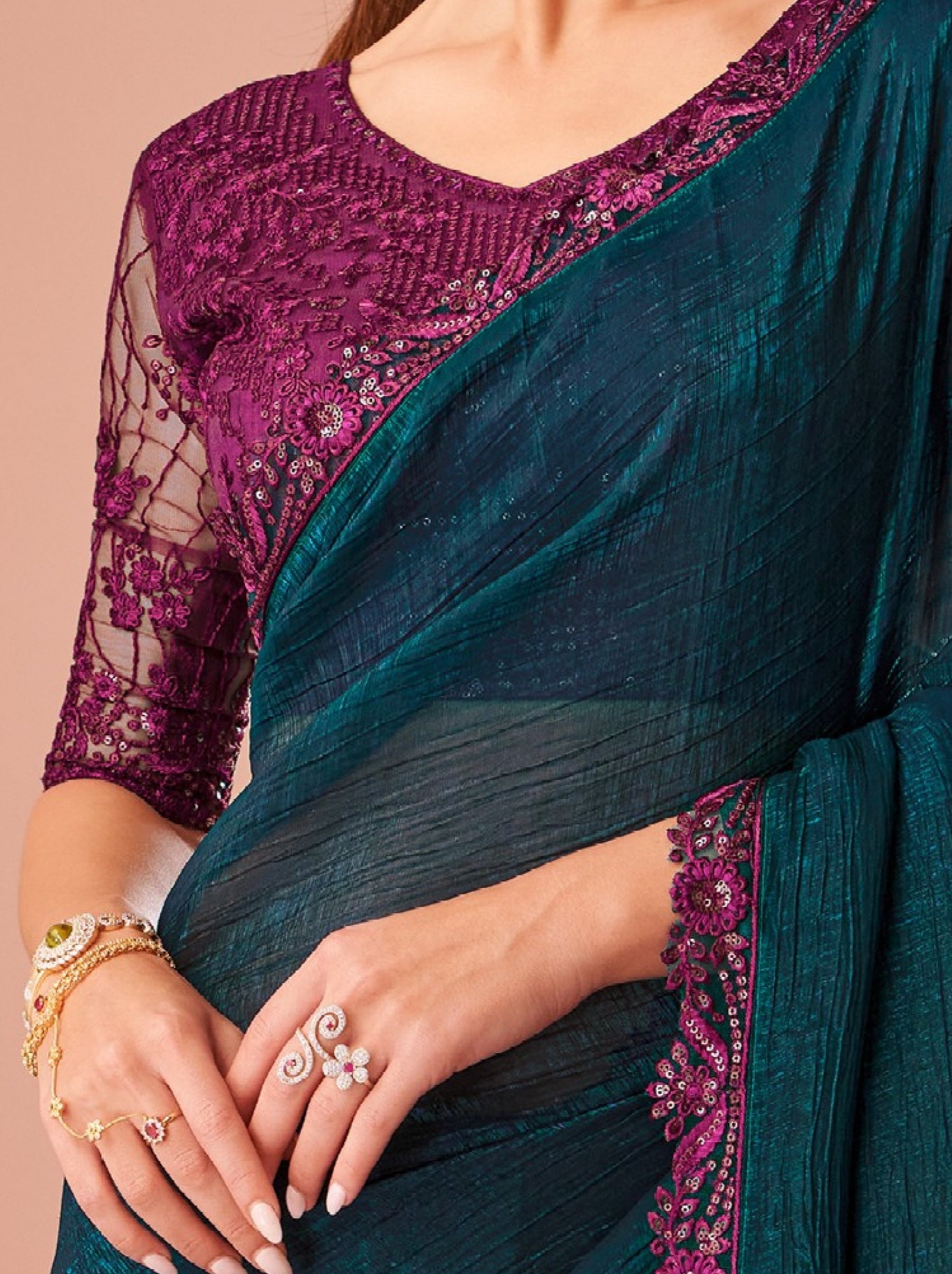 Prussian Blue Premium Designer Party Saree - TrendOye