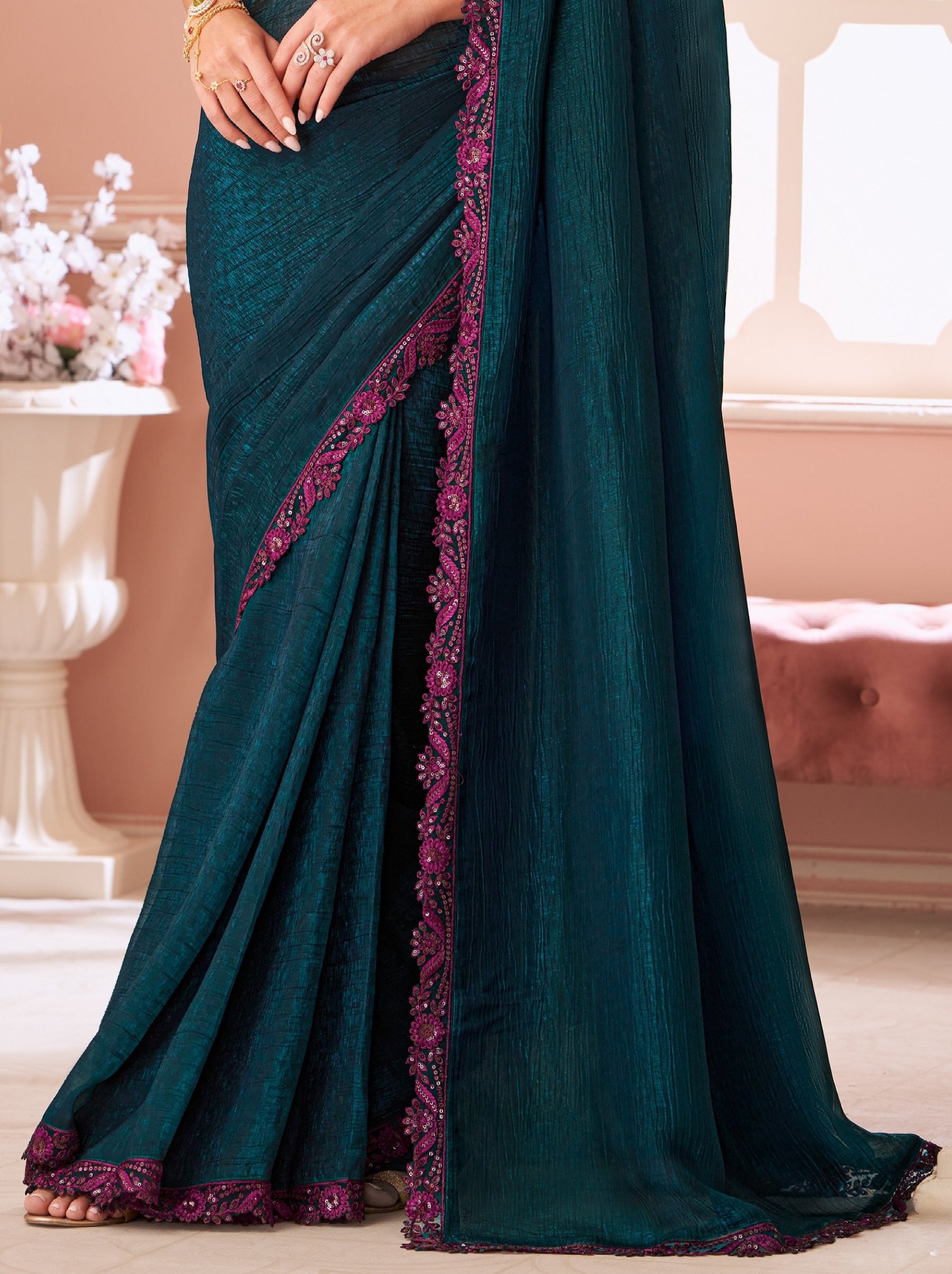 Prussian Blue Premium Designer Party Saree - TrendOye