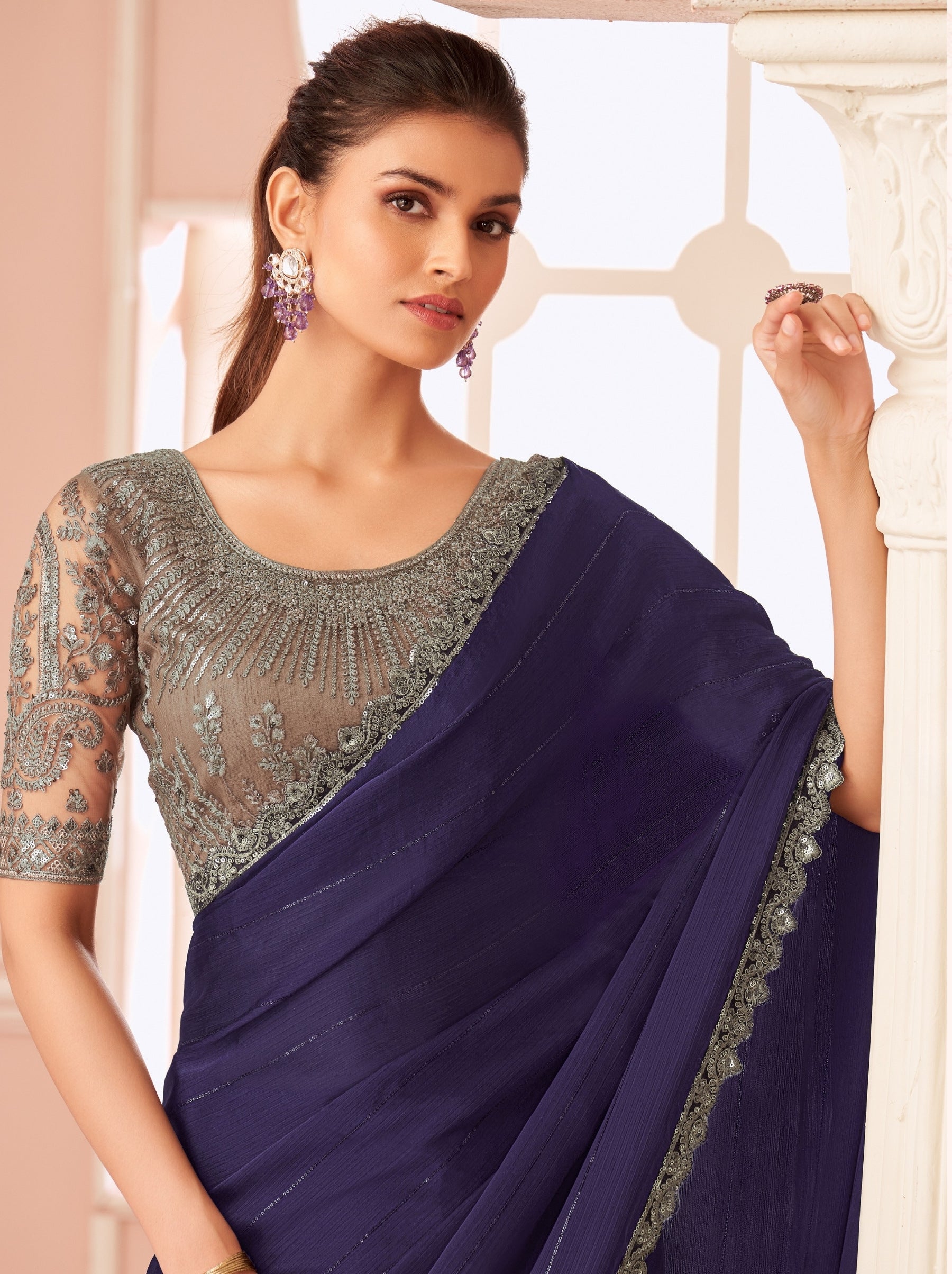 Denim Blue Premium Designer Party Saree - TrendOye