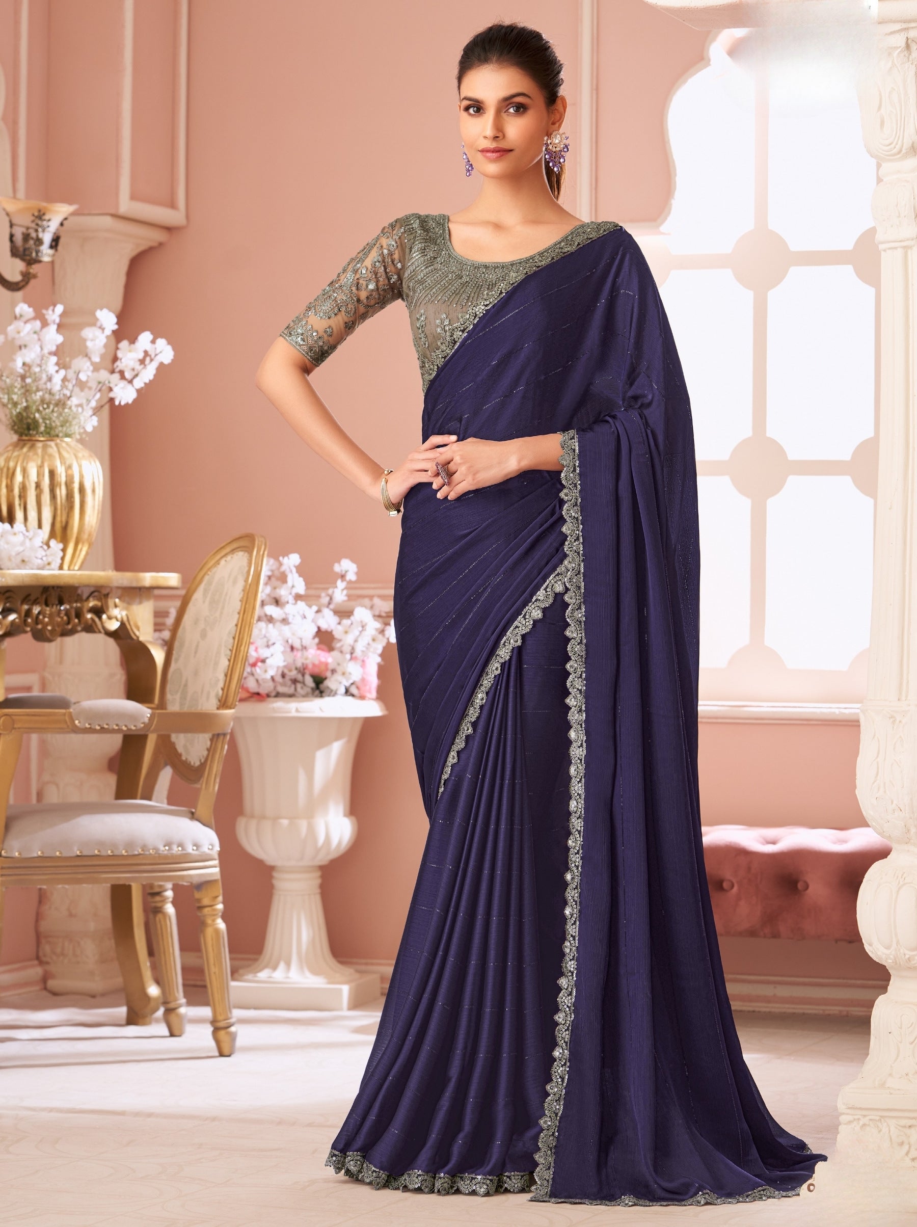 Denim Blue Premium Designer Party Saree - TrendOye
