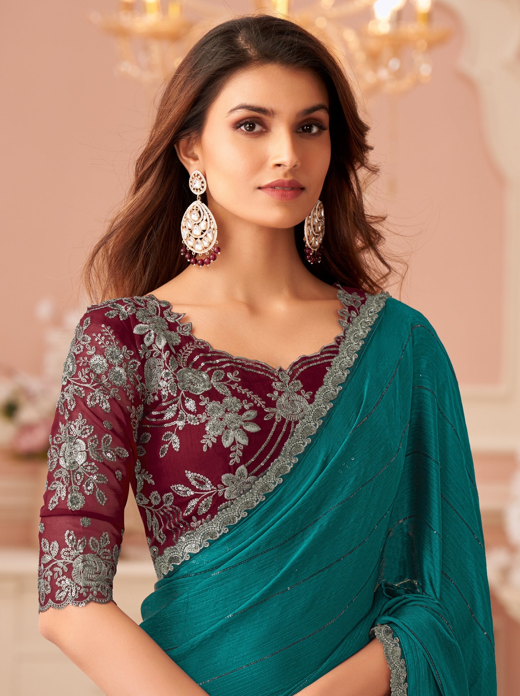 Teal Blue Premium Designer Party Saree - TrendOye