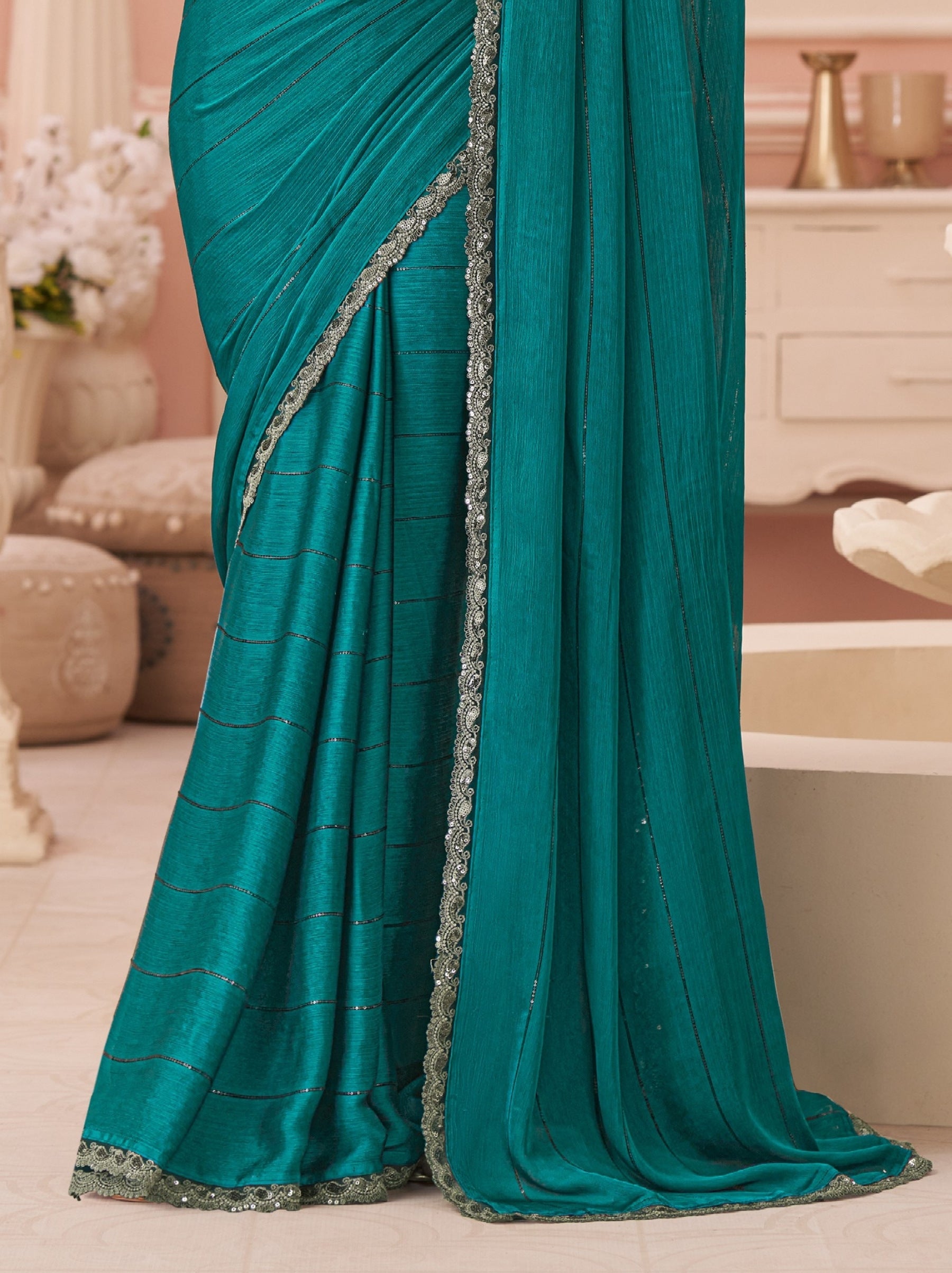 Teal Blue Premium Designer Party Saree - TrendOye