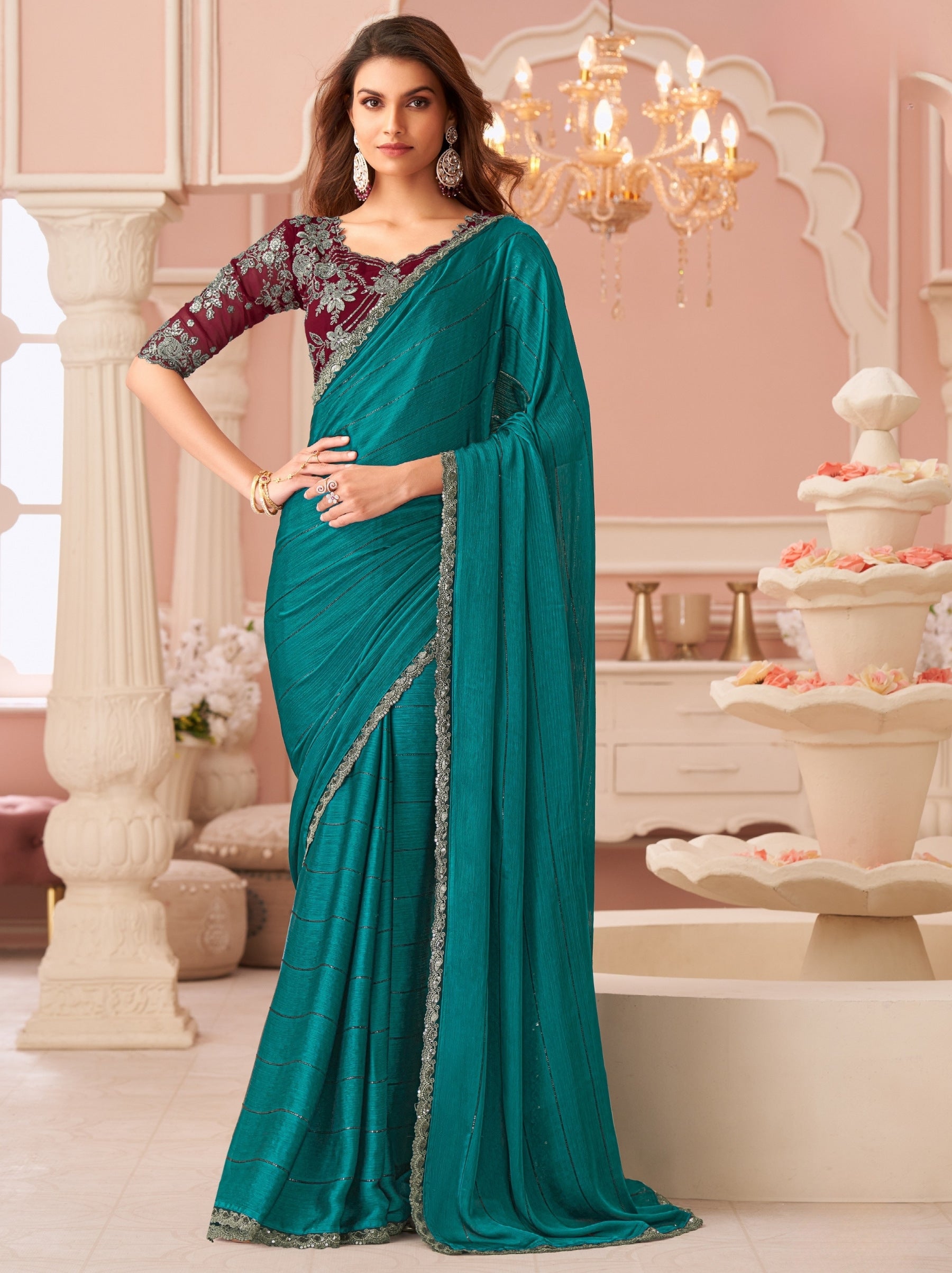 Teal Blue Premium Designer Party Saree - TrendOye