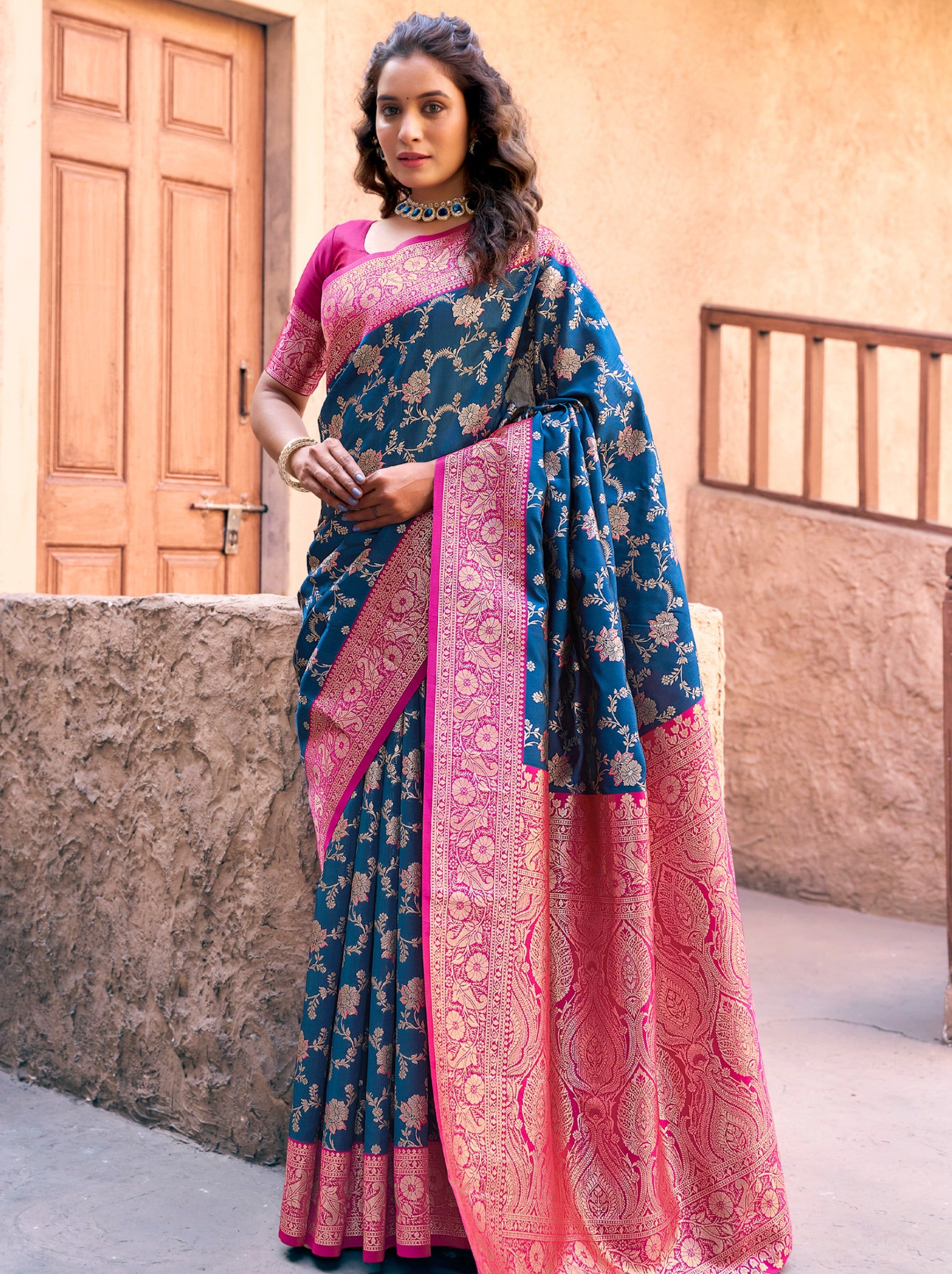 Navy Blue Premium Banarasi Silk Wedding Saree - TrendOye