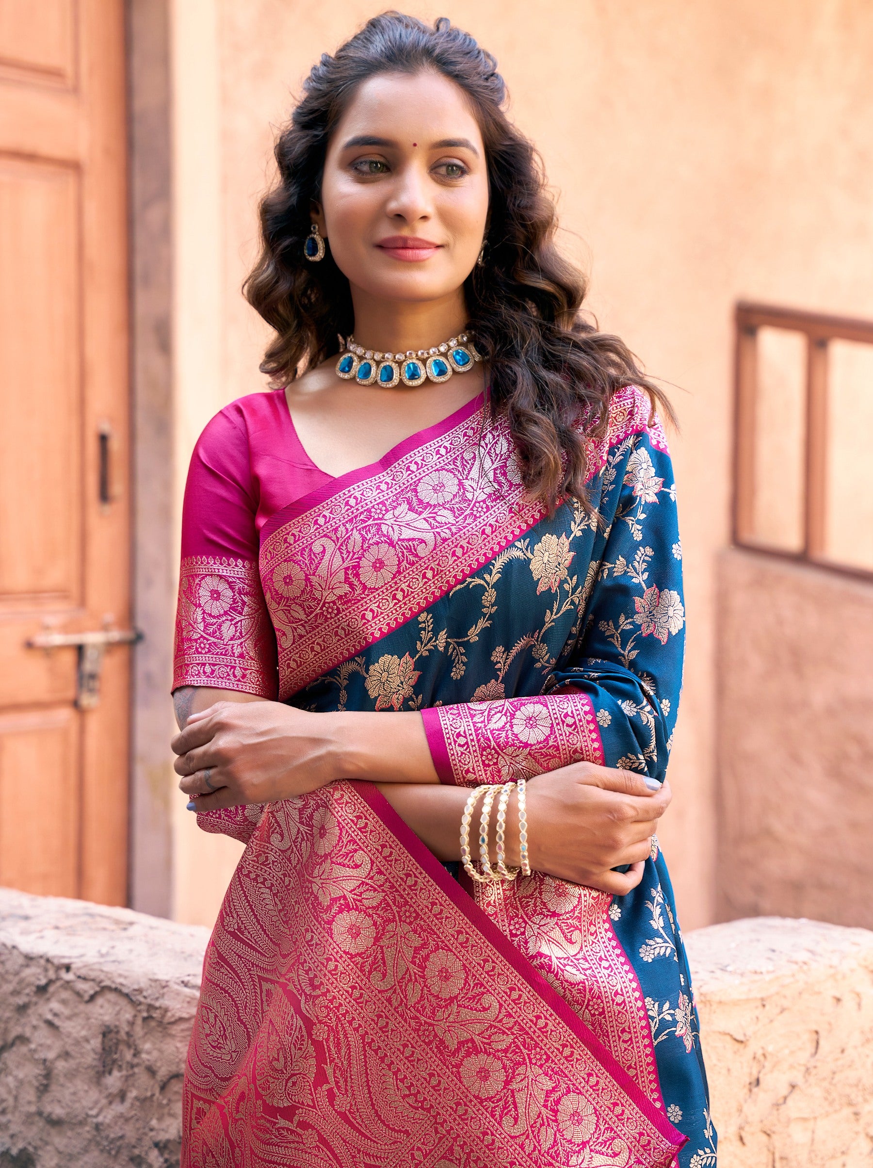 Navy Blue Premium Banarasi Silk Wedding Saree - TrendOye