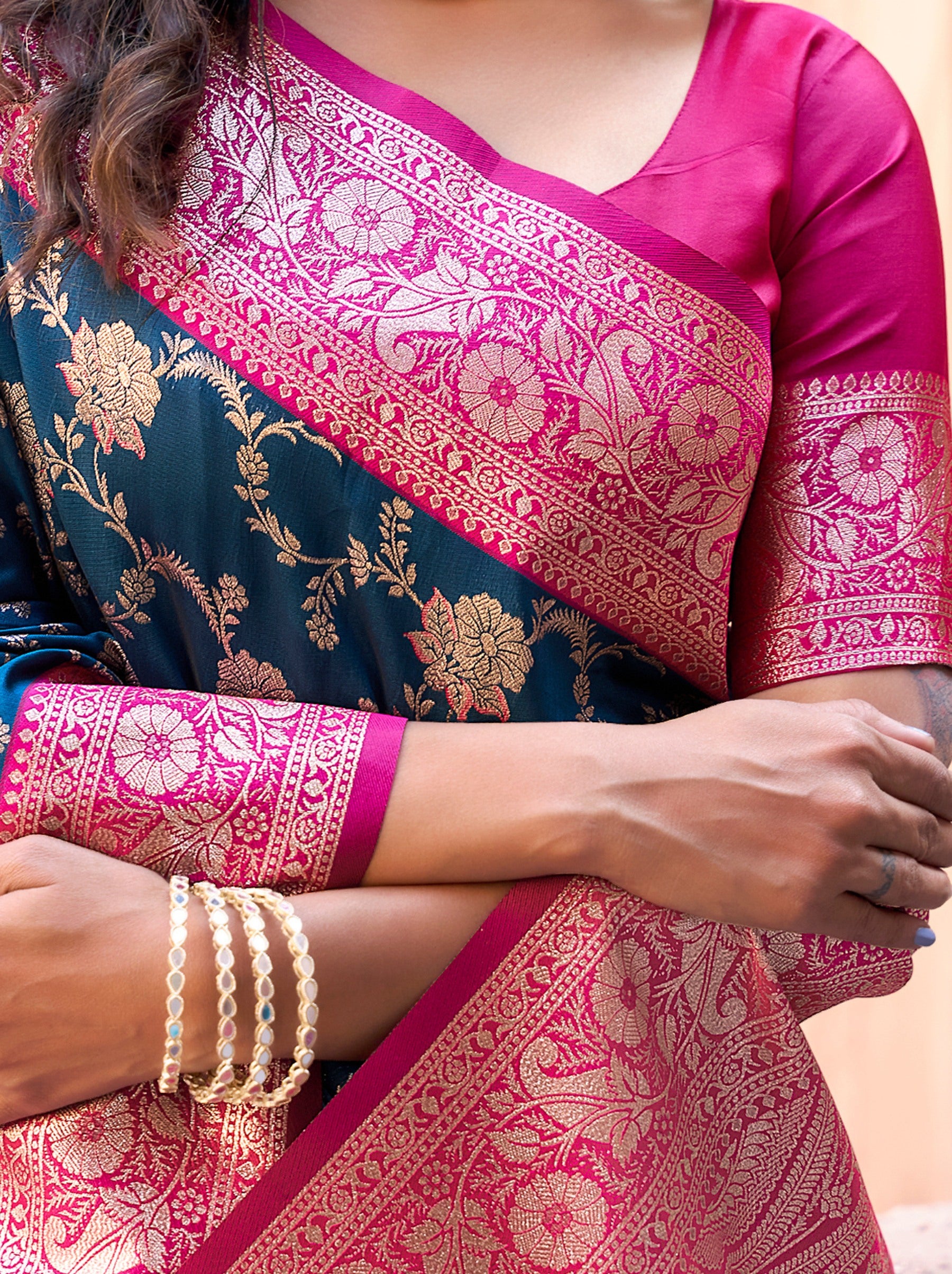 Navy Blue Premium Banarasi Silk Wedding Saree - TrendOye