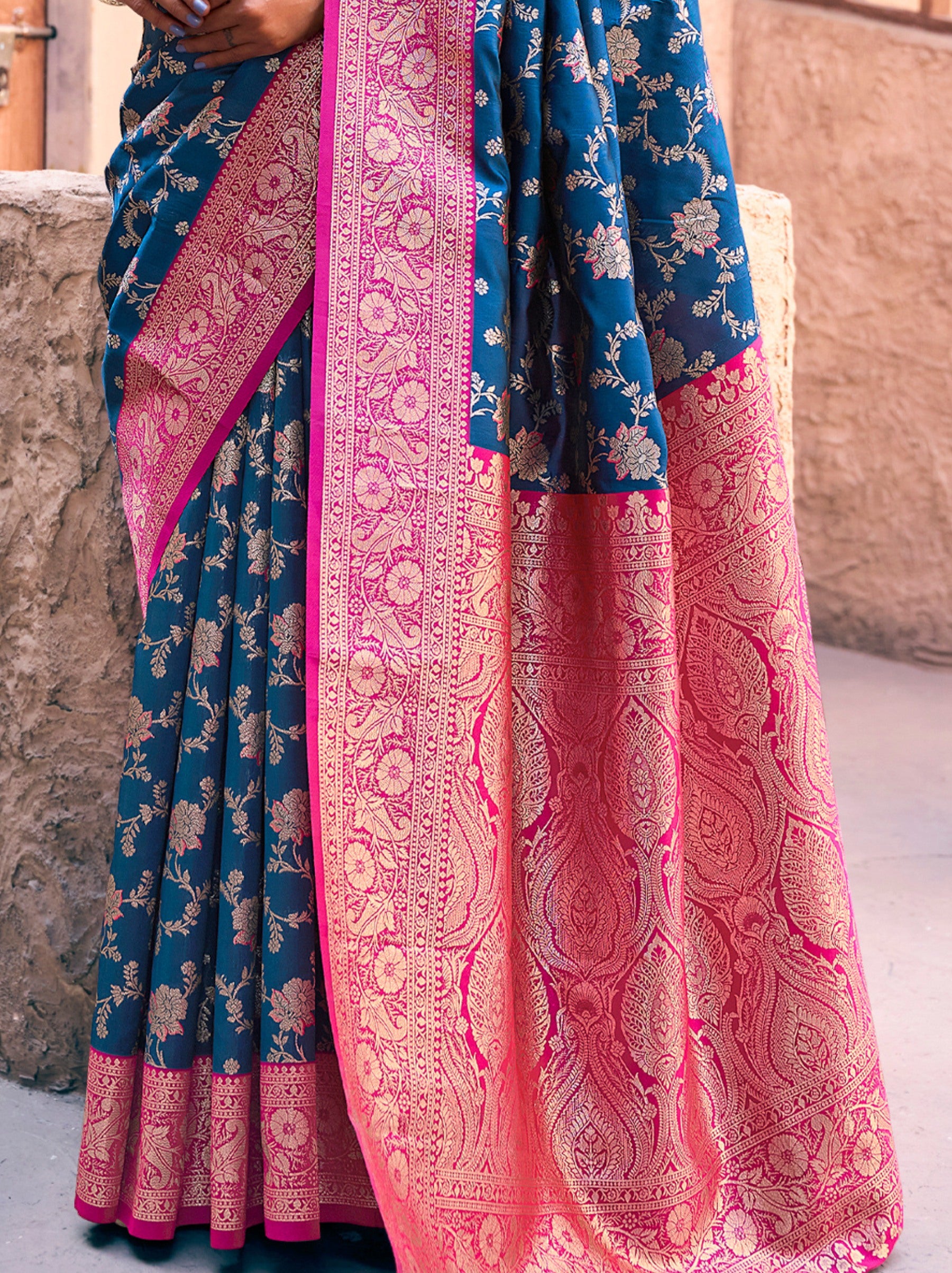 Navy Blue Premium Banarasi Silk Wedding Saree - TrendOye