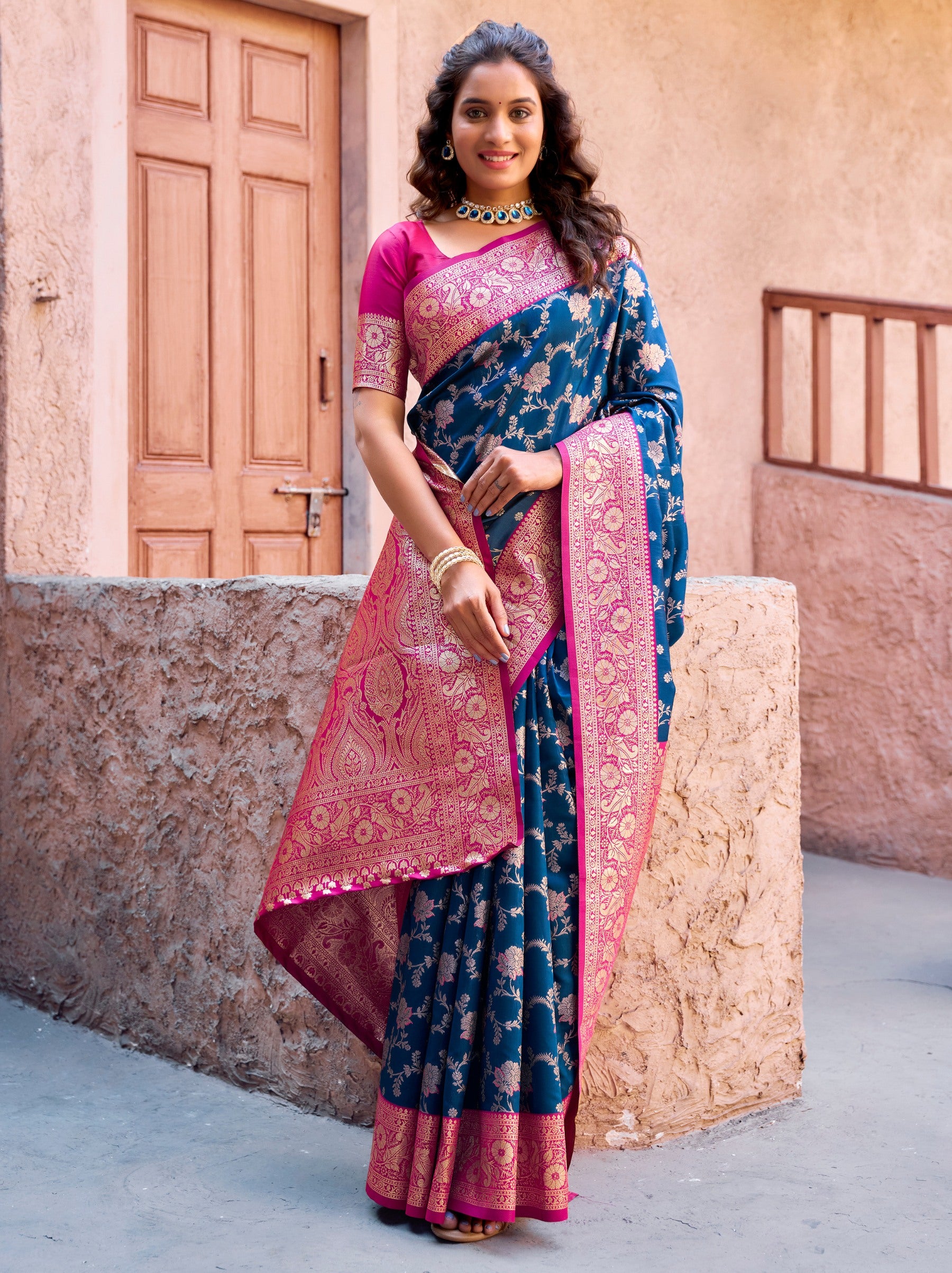 Navy Blue Premium Banarasi Silk Wedding Saree - TrendOye