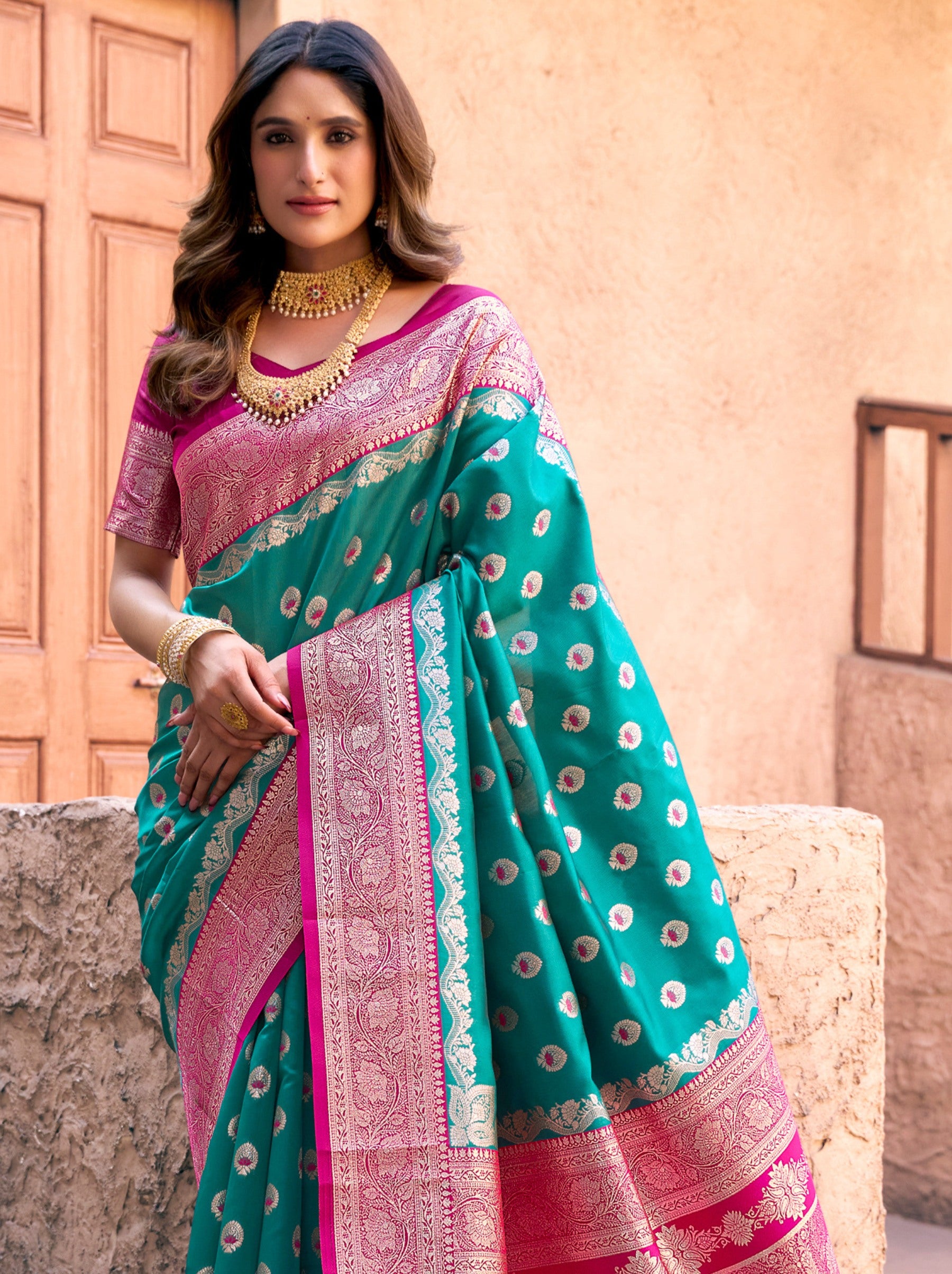 Turquoise Blue Premium Banarasi Silk Wedding Saree - TrendOye