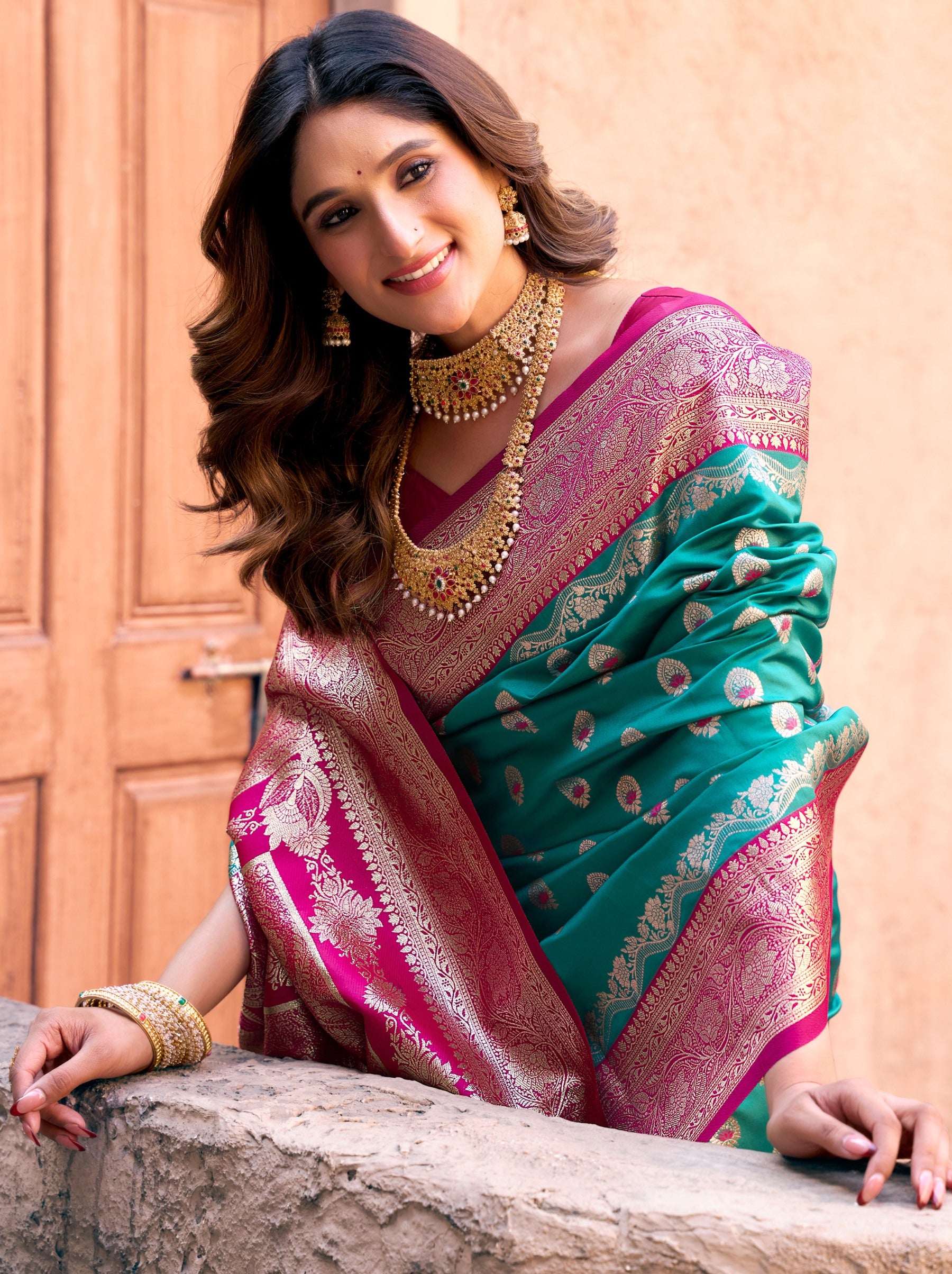 Turquoise Blue Premium Banarasi Silk Wedding Saree - TrendOye
