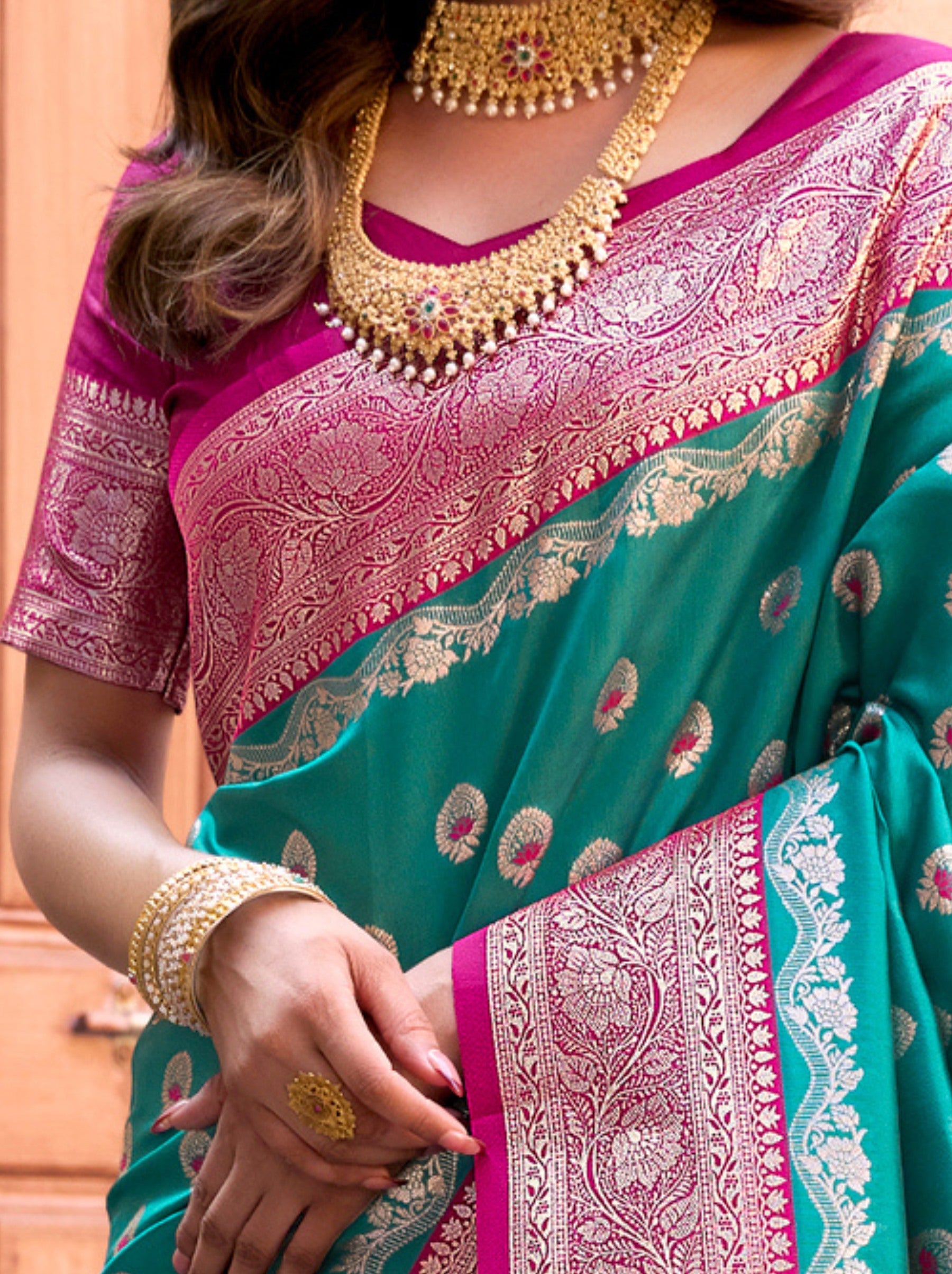 Turquoise Blue Premium Banarasi Silk Wedding Saree - TrendOye