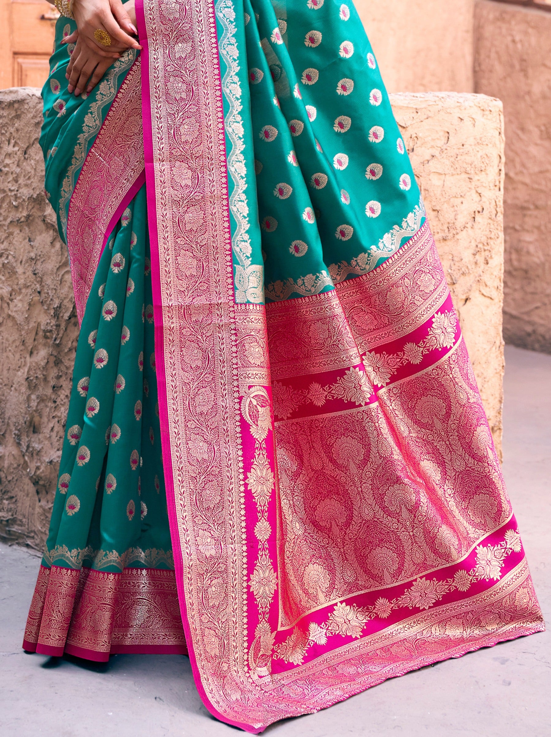 Turquoise Blue Premium Banarasi Silk Wedding Saree - TrendOye