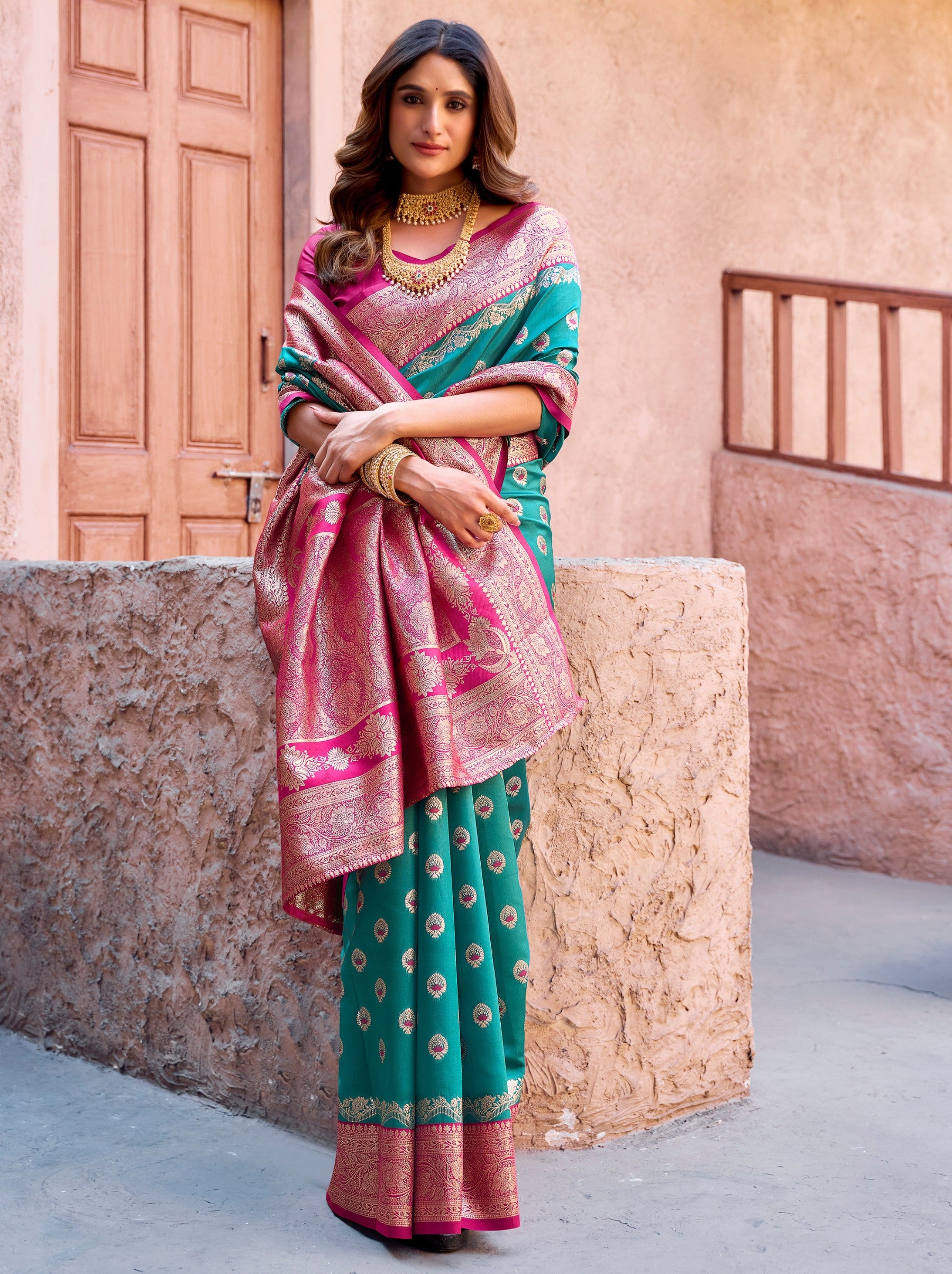 Turquoise Blue Premium Banarasi Silk Wedding Saree - TrendOye