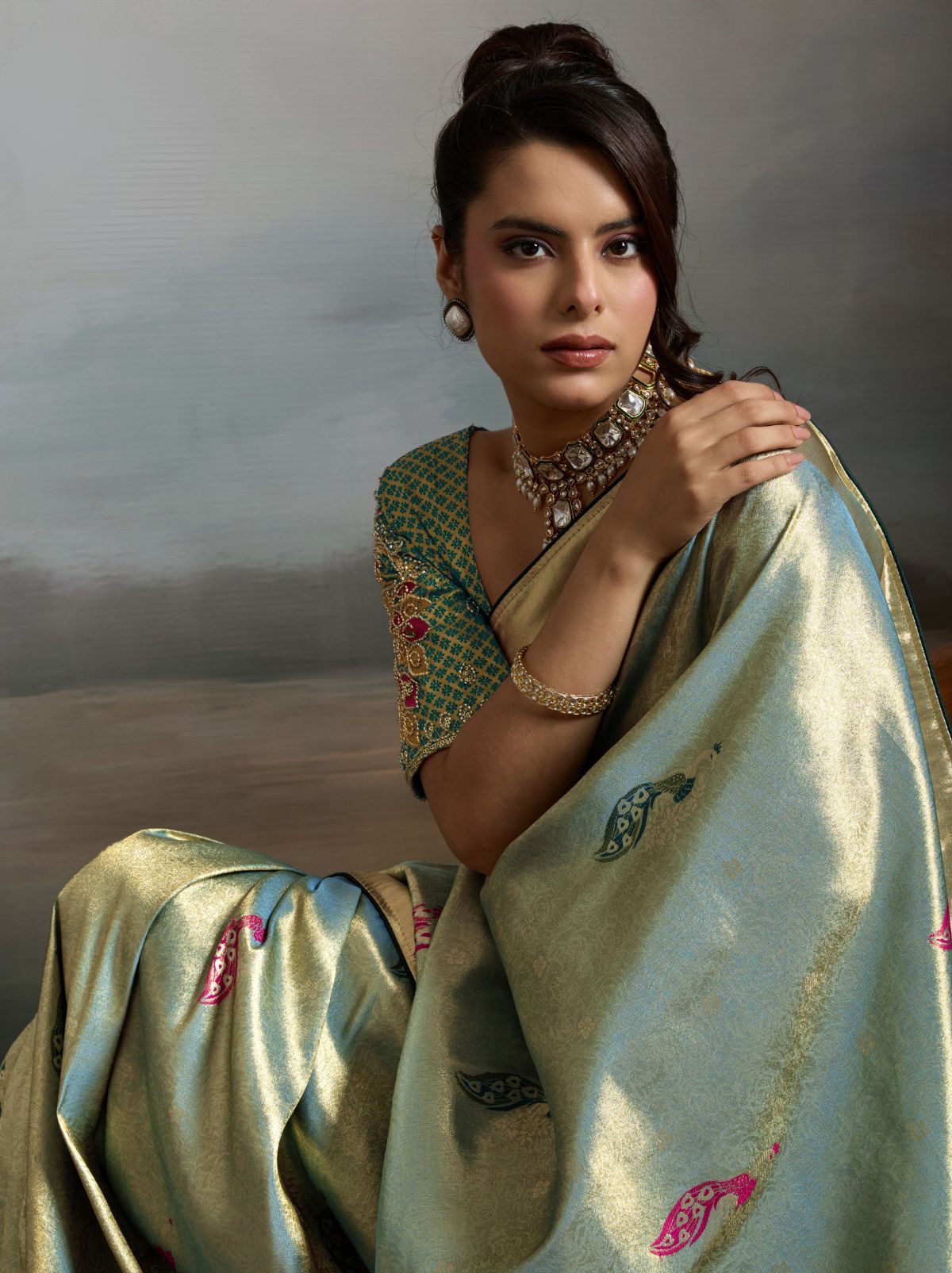 Sky Blue Banarasi Silk Festive Saree With Embroidery Work