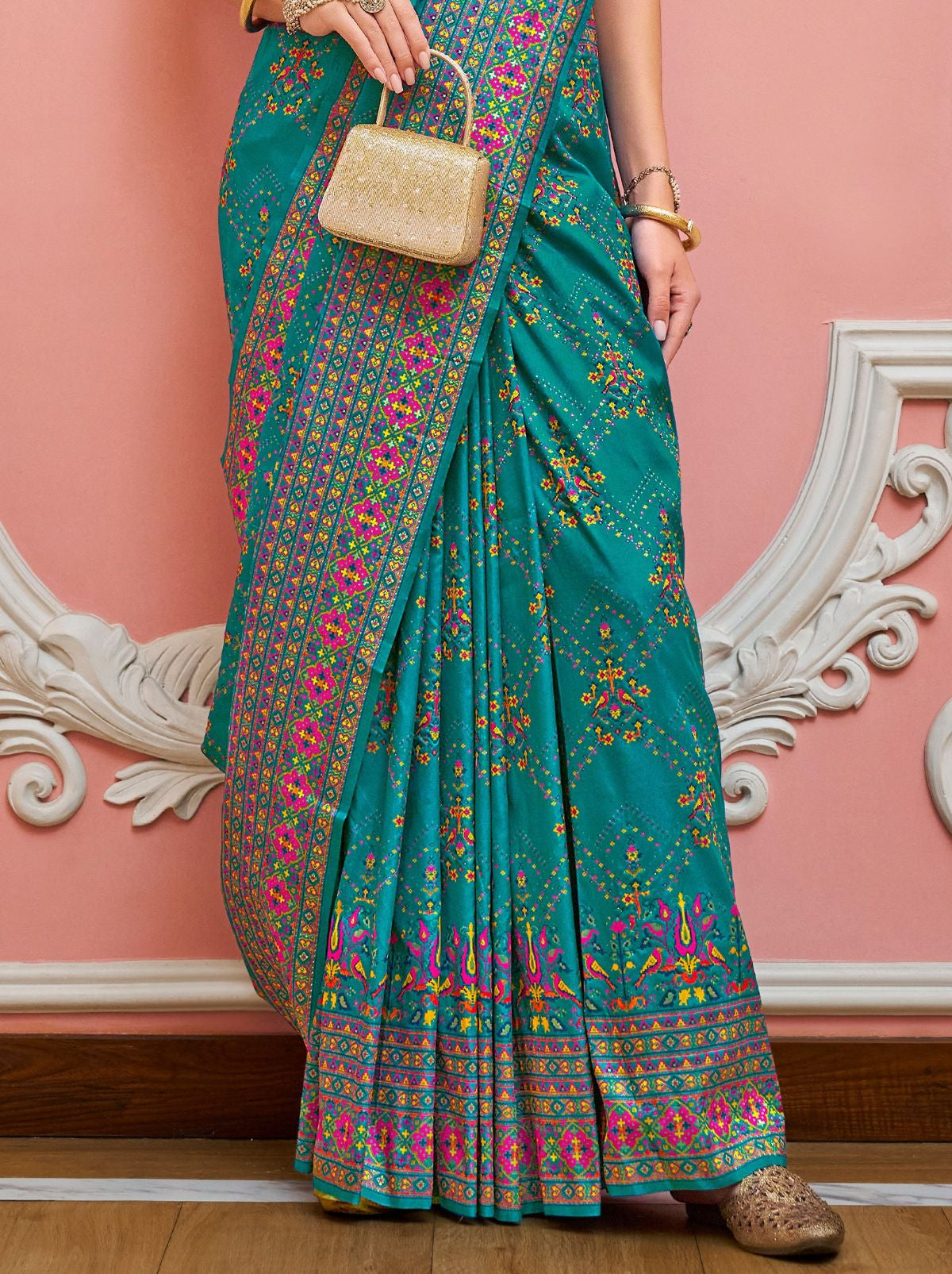 Teal Blue Banarasi Silk Saree With Meenakari Work