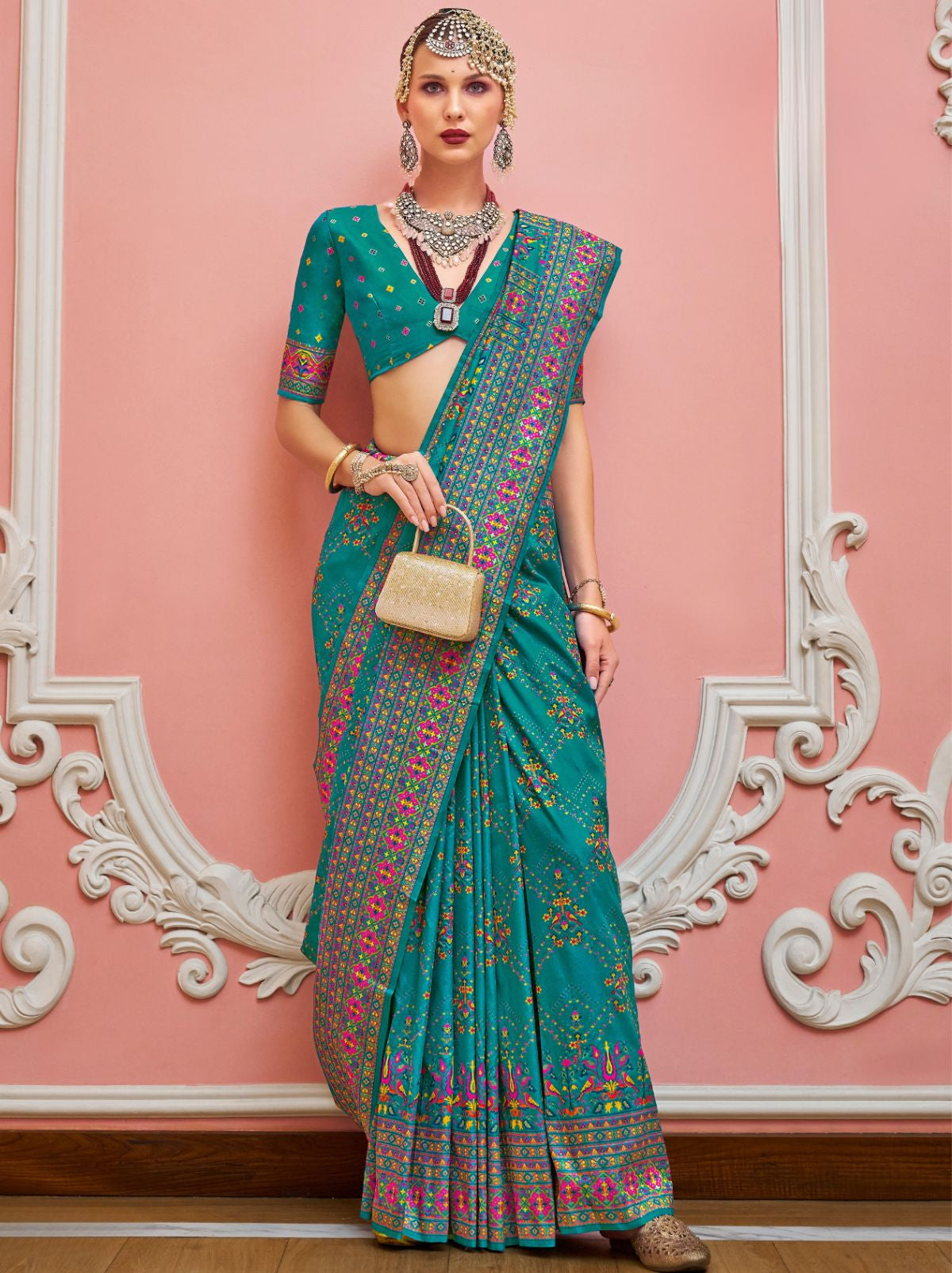 Teal Blue Banarasi Silk Saree With Meenakari Work