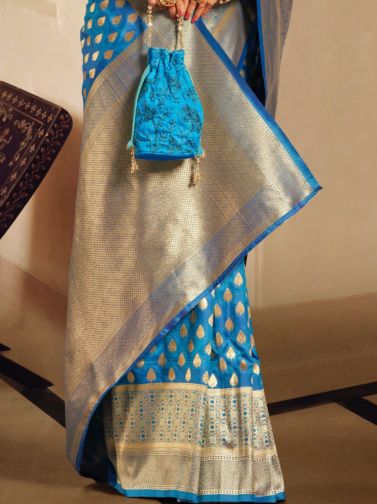 Sapphire Blue Premium Banarasi Designer Saree - TrendOye