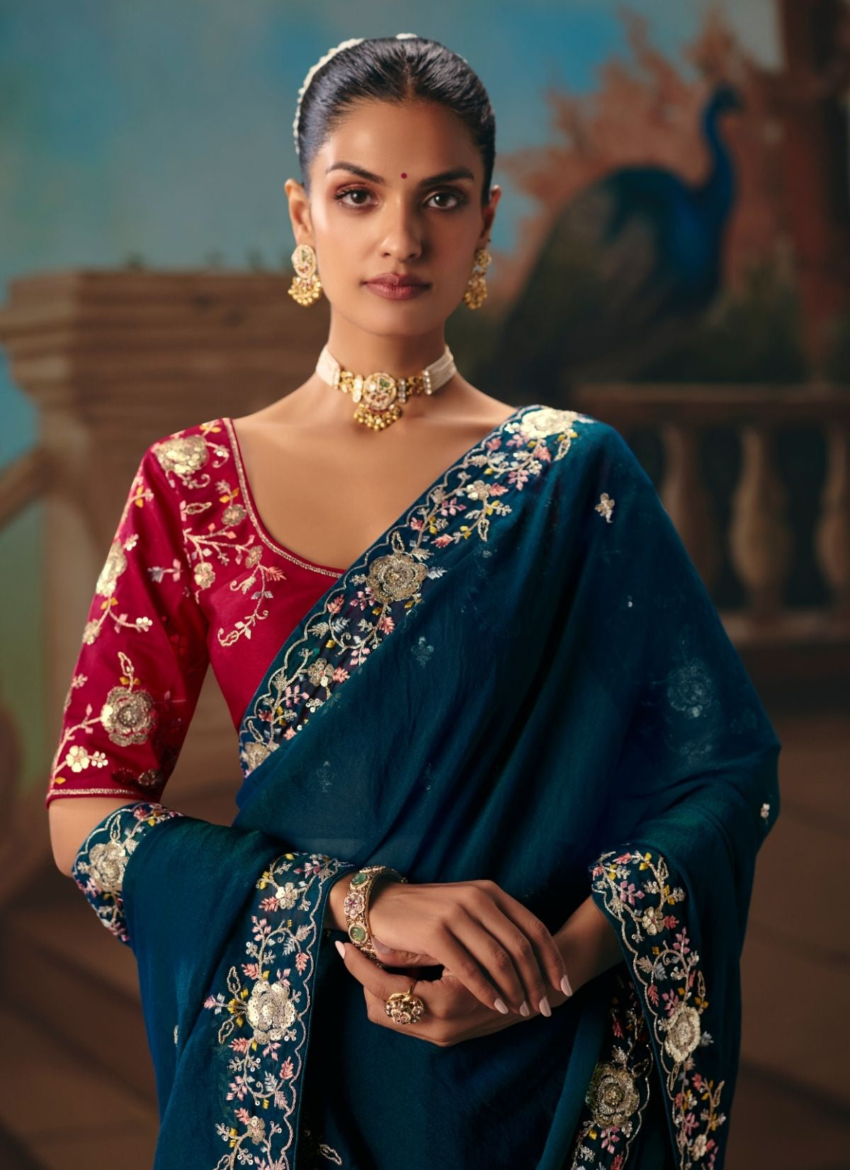 Prussian Blue Celebration Fancy Saree With Premium Blouse Piece - TrendOye