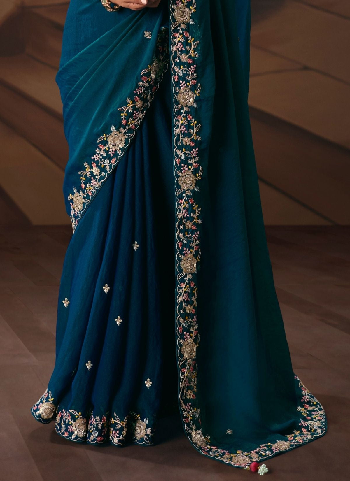 Prussian Blue Celebration Fancy Saree With Premium Blouse Piece - TrendOye