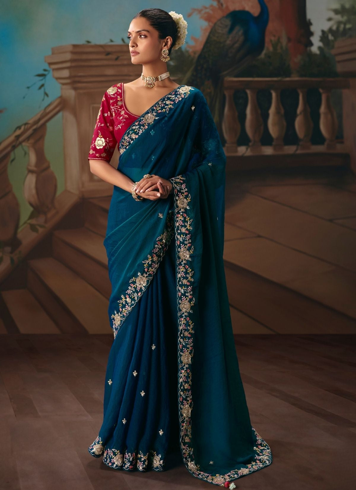 Prussian Blue Celebration Fancy Saree With Premium Blouse Piece - TrendOye