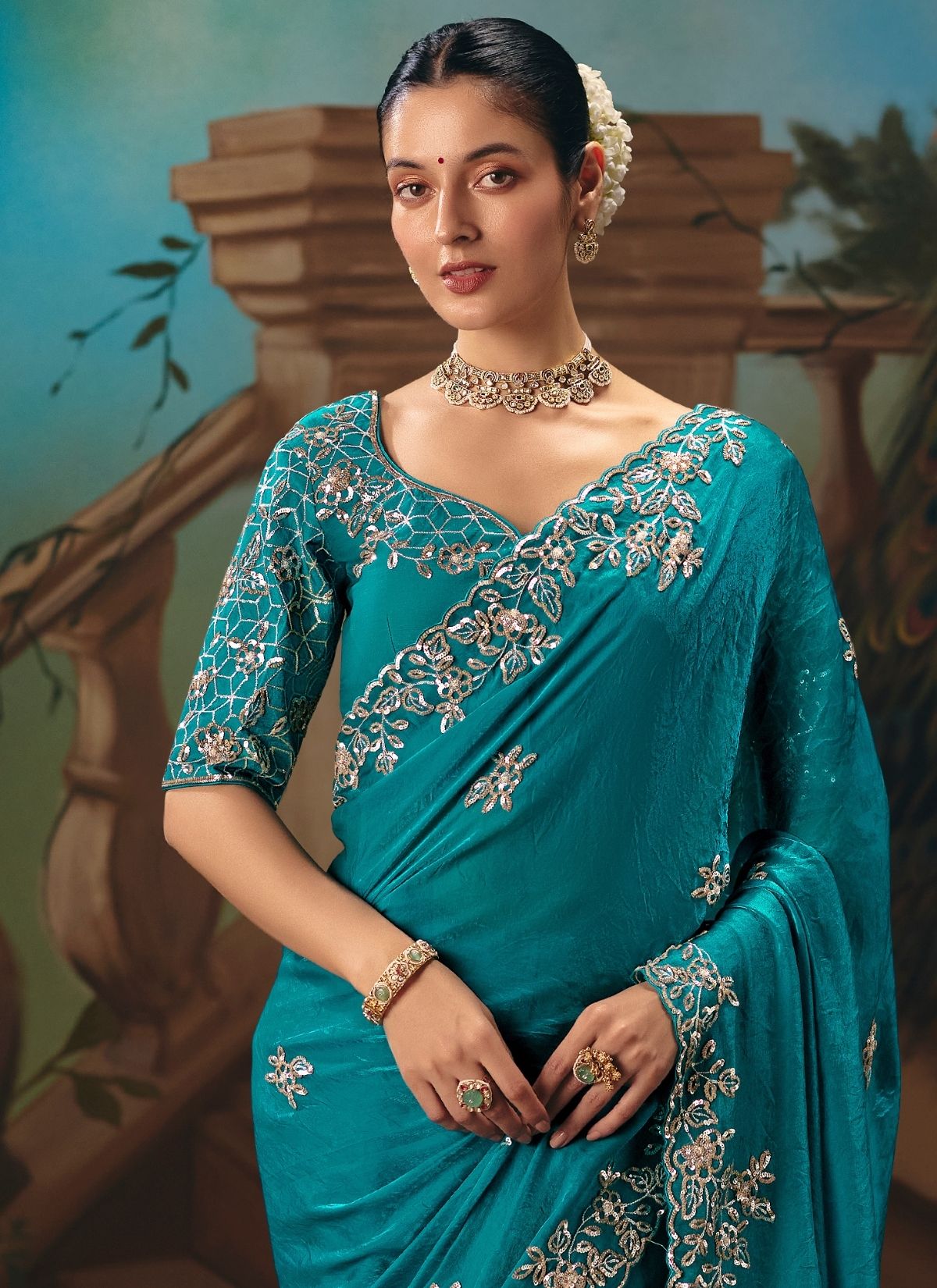 Olympic Blue Celebration Fancy Saree With Premium Blouse Piece - TrendOye