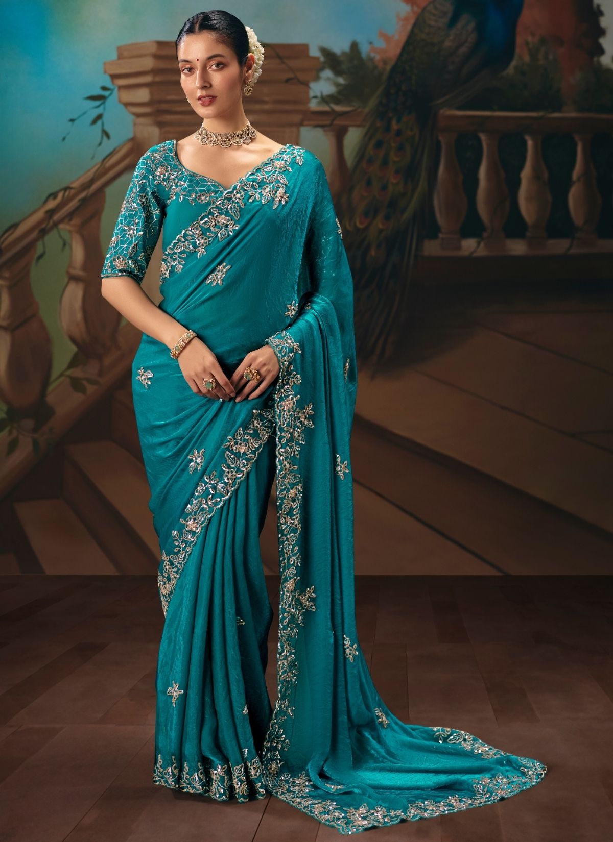 Olympic Blue Celebration Fancy Saree With Premium Blouse Piece - TrendOye