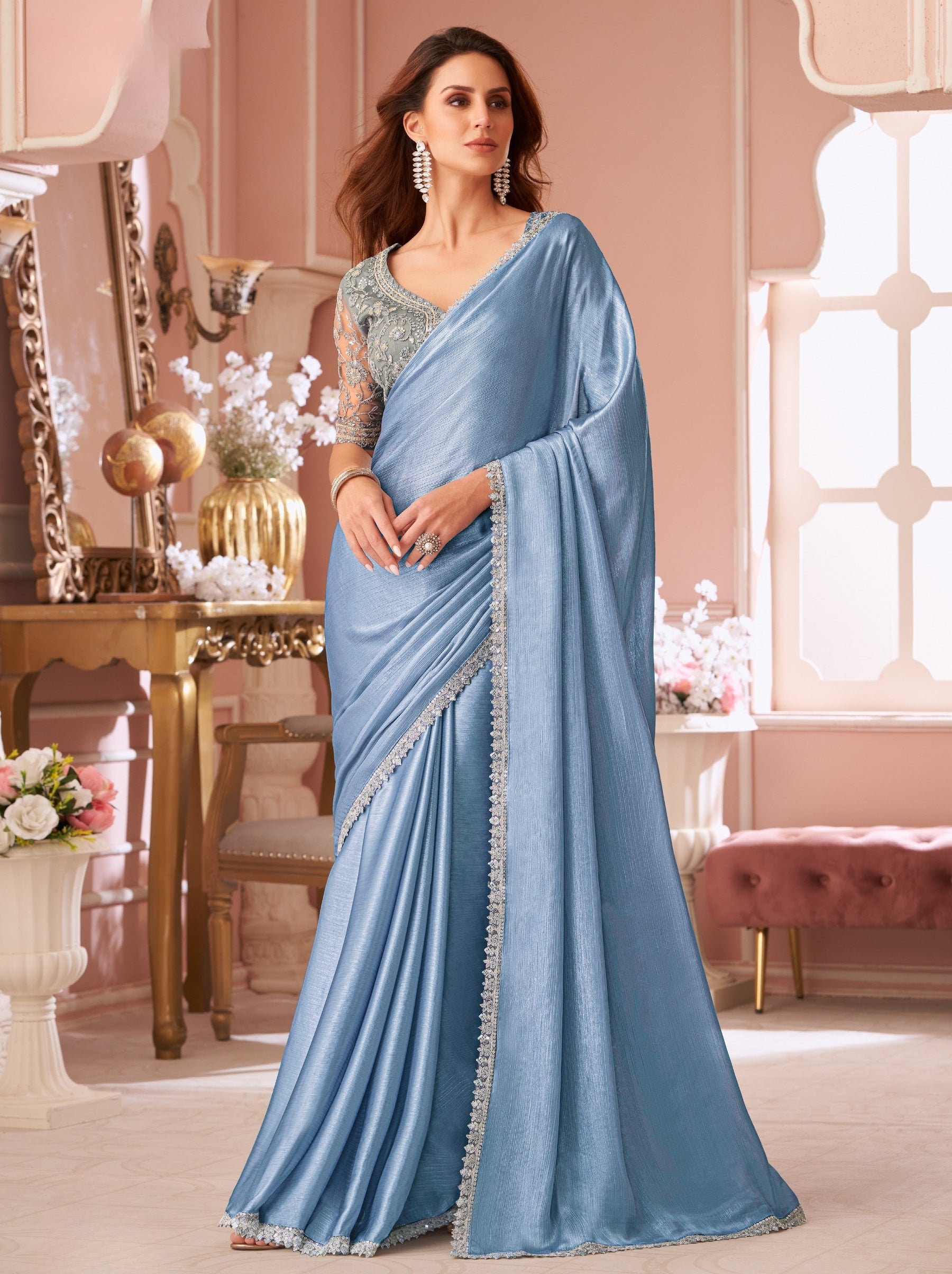 Carolina Blue Premium Designer Party Saree - TrendOye