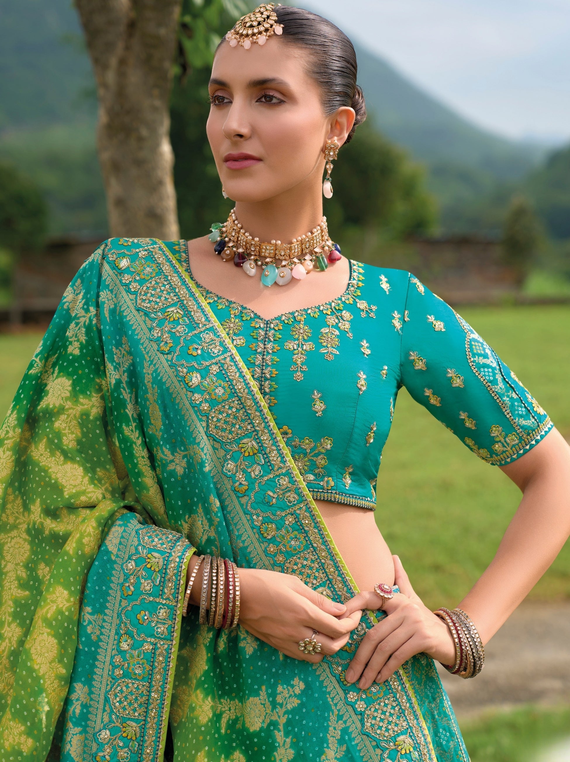 Aqua Blue Wedding Lehenga Set With Gold Zari Work - TrendOye