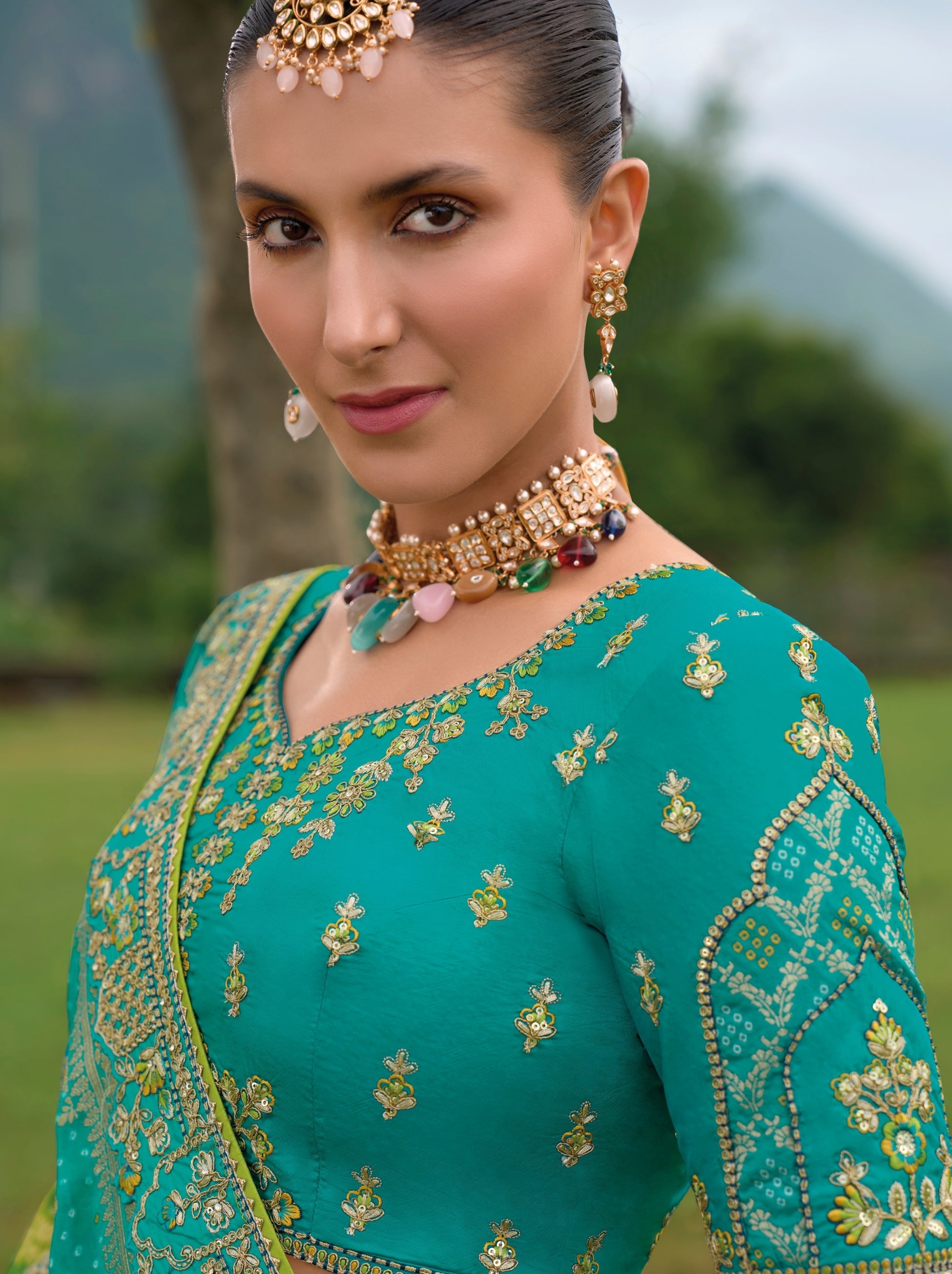 Aqua Blue Wedding Lehenga Set With Gold Zari Work - TrendOye