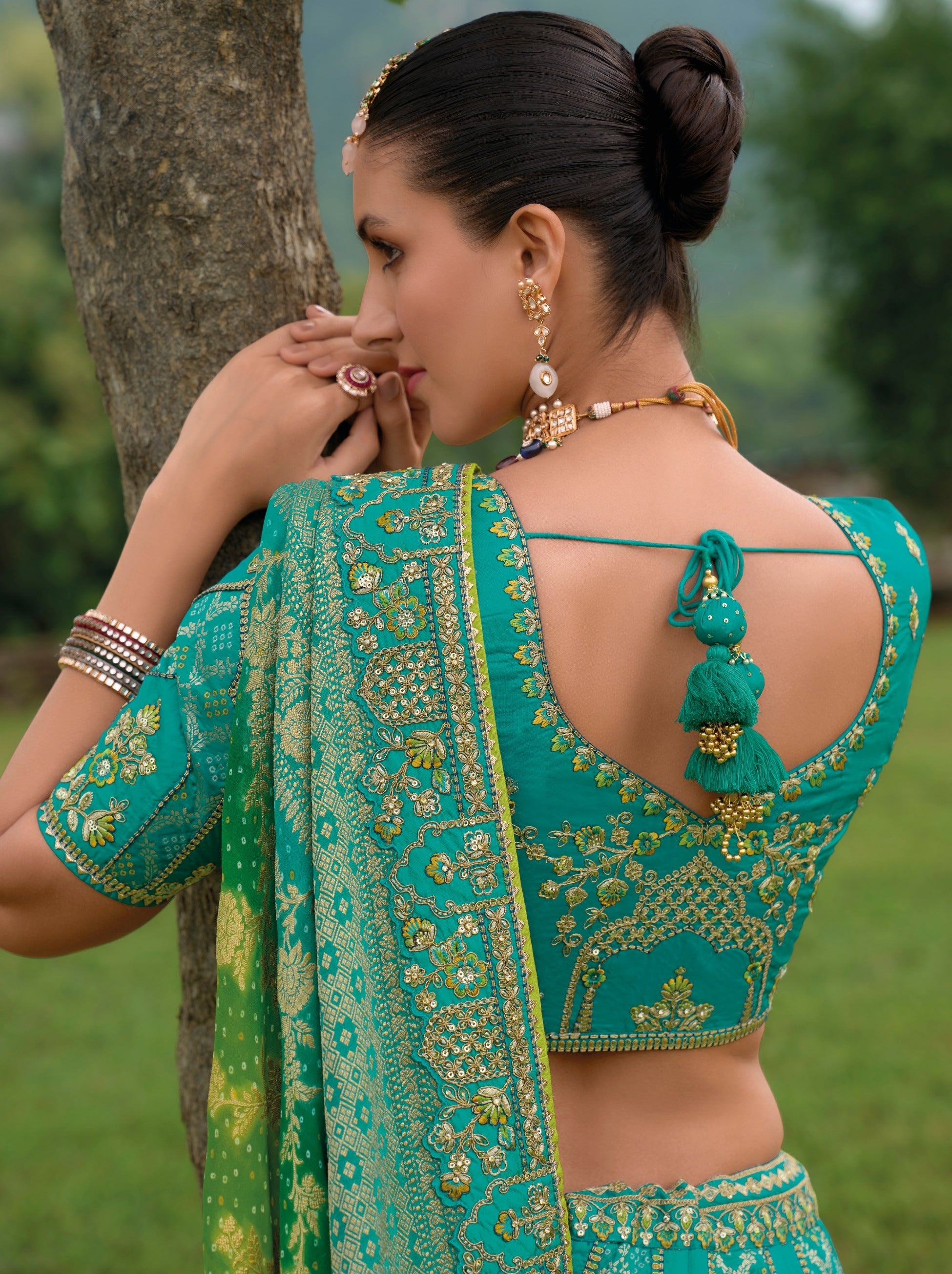 Aqua Blue Wedding Lehenga Set With Gold Zari Work - TrendOye