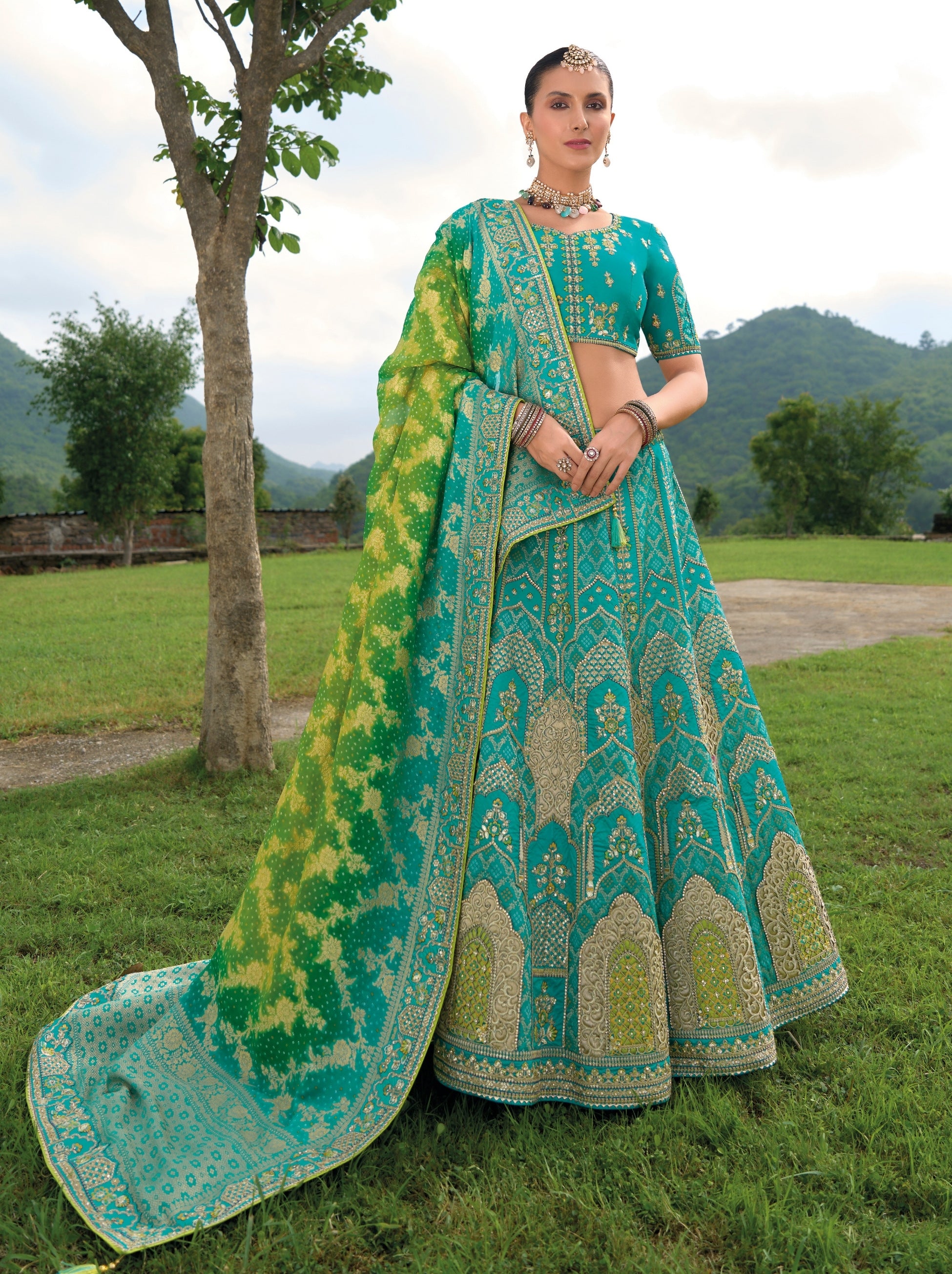 Aqua Blue Wedding Lehenga Set With Gold Zari Work - TrendOye