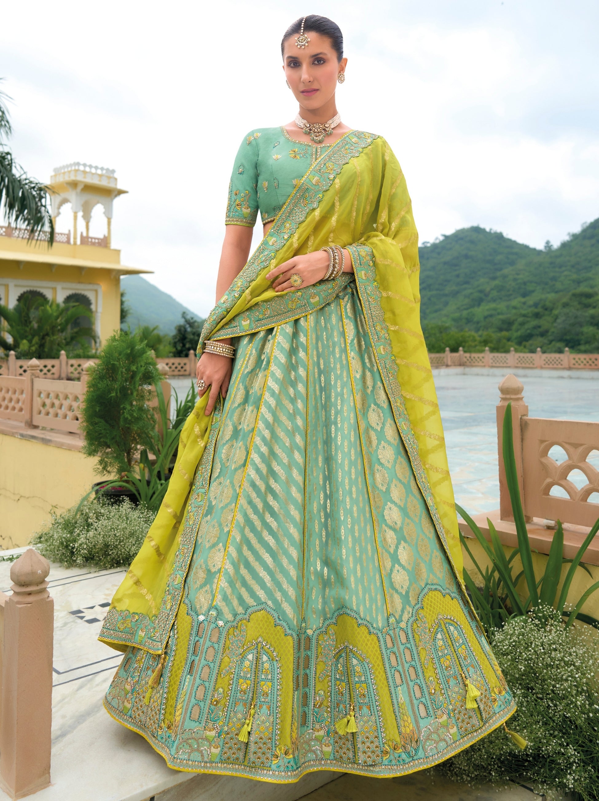 Light Turquoise Blue Wedding Lehenga Set With Thread Embroidery - TrendOye