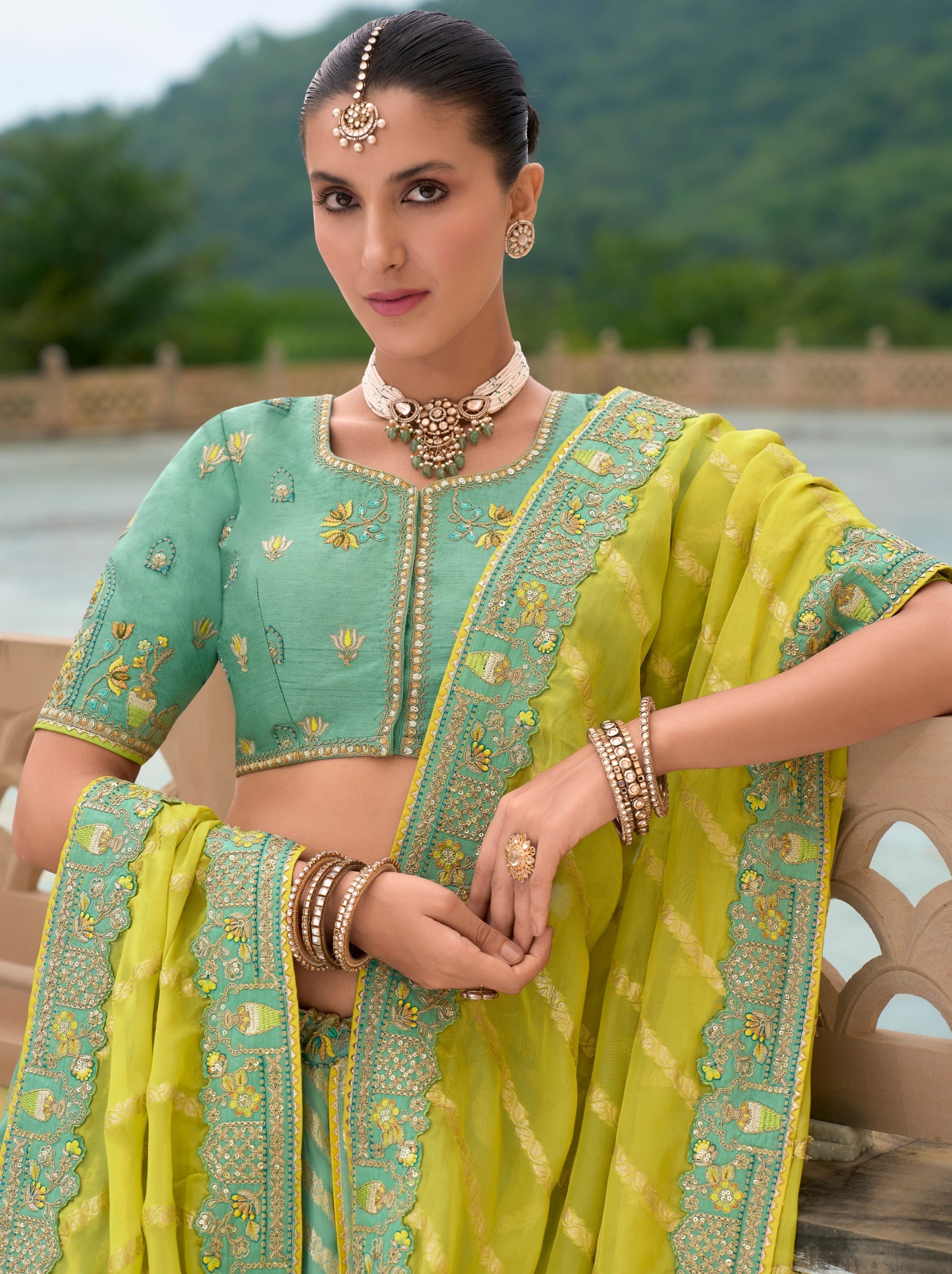 Light Turquoise Blue Wedding Lehenga Set With Thread Embroidery - TrendOye