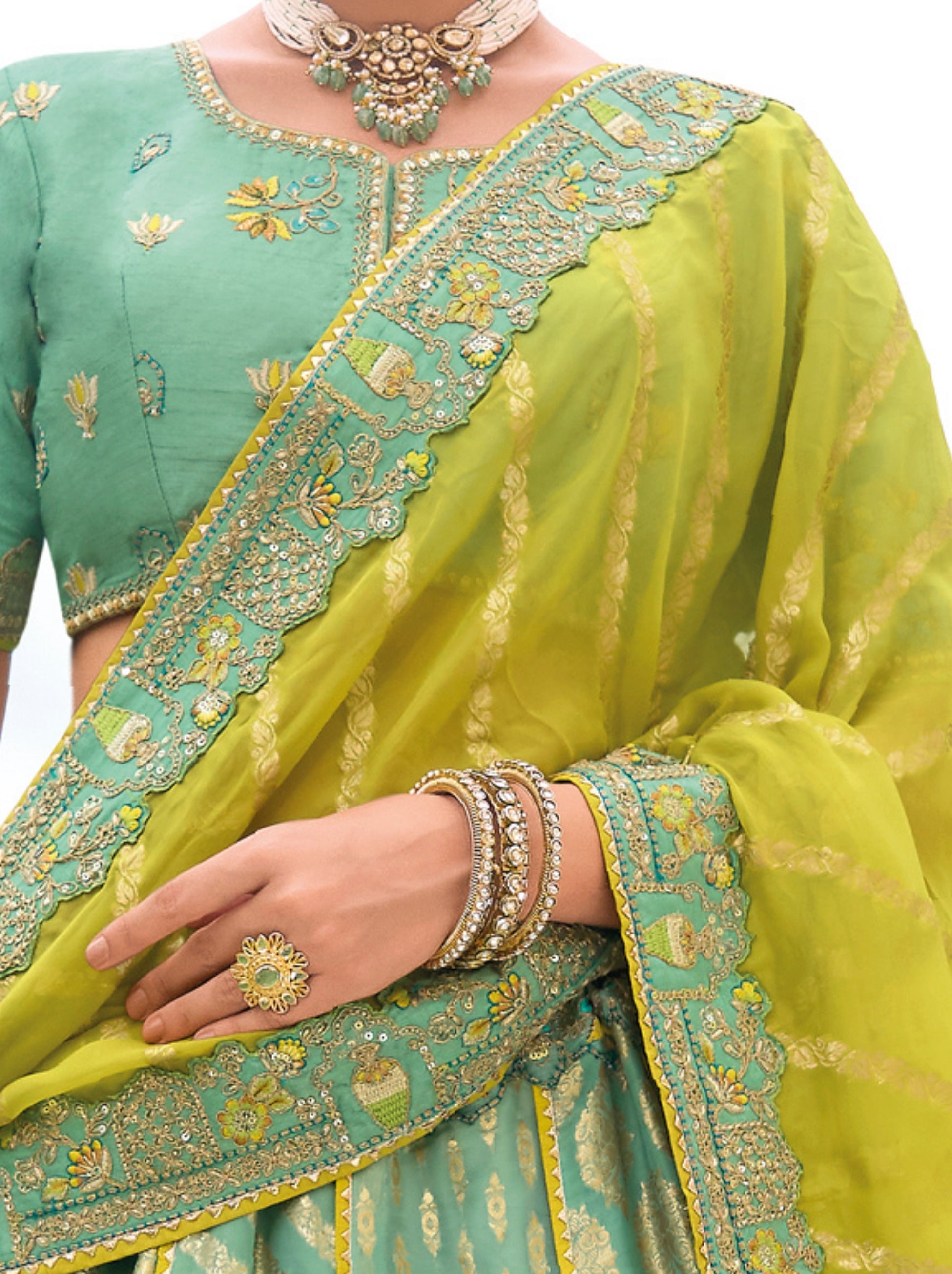 Light Turquoise Blue Wedding Lehenga Set With Thread Embroidery - TrendOye