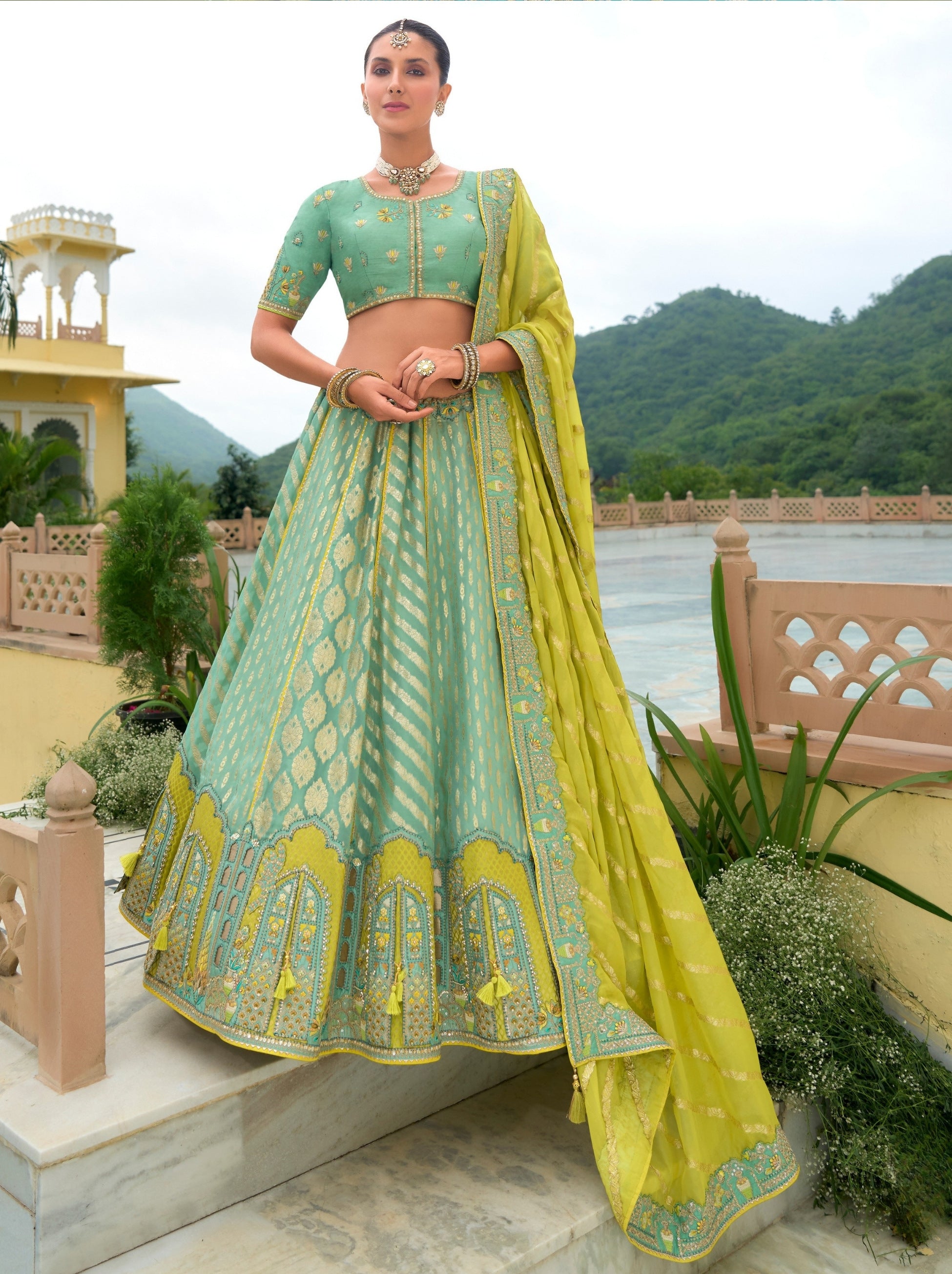 Light Turquoise Blue Wedding Lehenga Set With Thread Embroidery - TrendOye