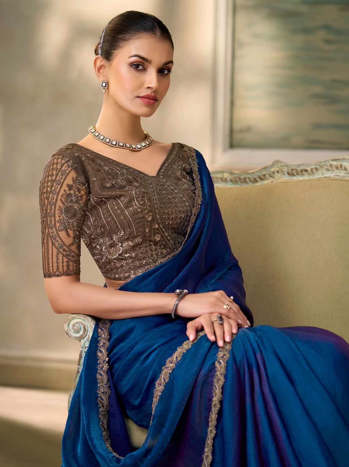 Royal Blue Couture Sequin Saree with Zari Artistry
