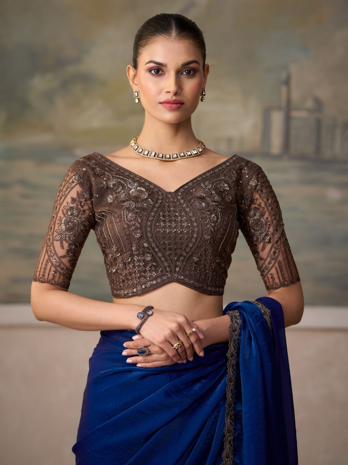 Royal Blue Couture Sequin Saree & Net Blouse With Premium Base Liner