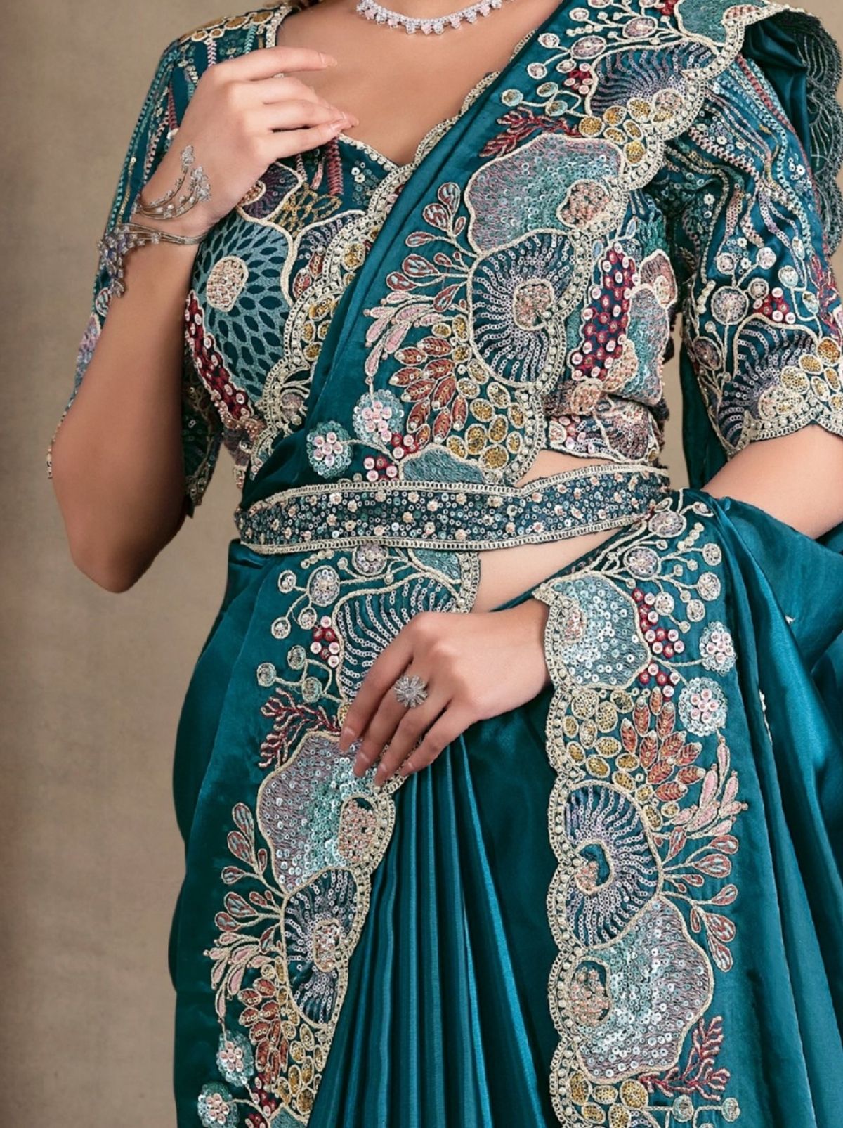 Teal Blue Crush Satin Silk Saree With Pearl Work